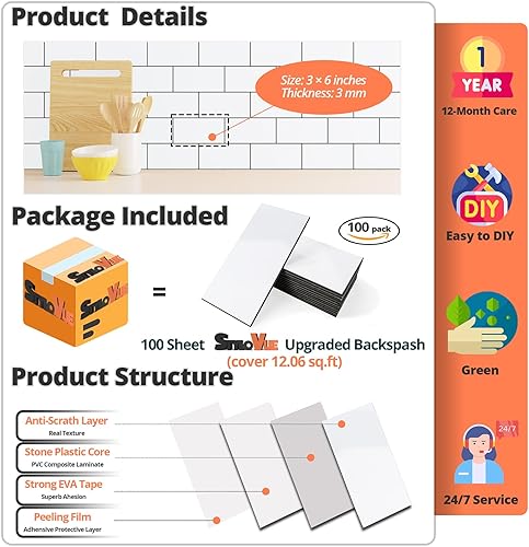 Miniatura 4 de StyloVue 100 piezas para despegar y pegar para cocina, azulejos de metro de PVC de 3 x 6 pulgadas, 2024 mejorados, blanco brillante con lechada gris