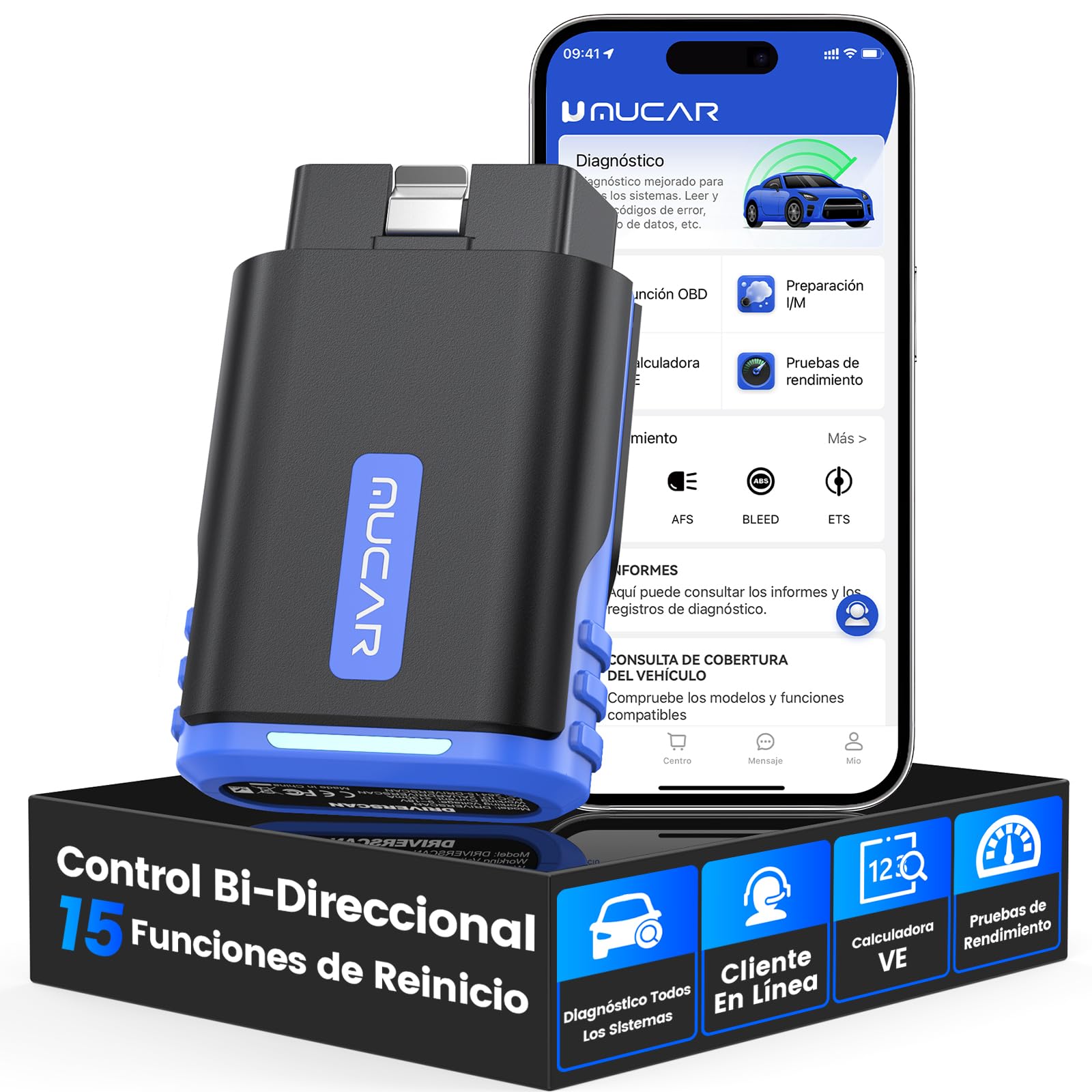 mucar DriverScan Adaptador Bluetooth OBD2 con Completo del Sistema | OBD2 Diagnosis Bluetooth Y 15 Funciones de Reinicio, Diagnosis Coche Multimarca Para Control Bi-Direccional/Codificación ECU