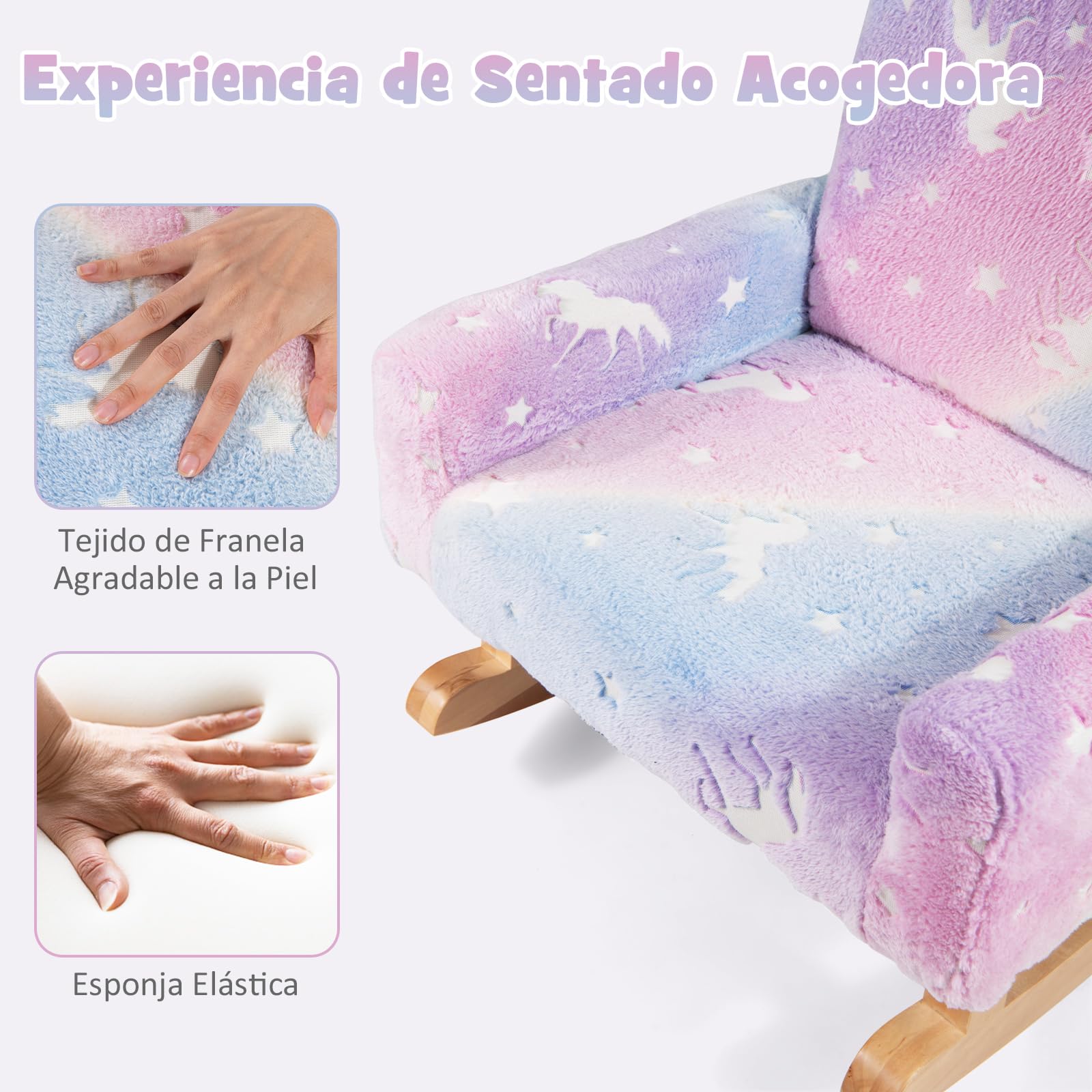 COSTWAY Silla Mecedora para Niños, Sillón Infantil Tapizado en Franela con Patas de Madera de Álamo,Brilla en la Oscuridad, Respaldo y Reposabrazos Cómodos, Sillón Balancín para Niños para Dormitorio
