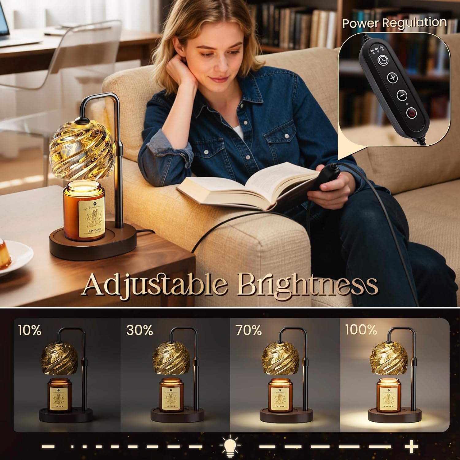 WarmEmbrace Candle Warmer Lamp with Lavender Candle Set, Electric Wax Warmer Lamp with Auto Timer & 4 Dimmable Lights, Adjustable Height for Jar Candles, ElegantValentines Day Gift for Women, Black