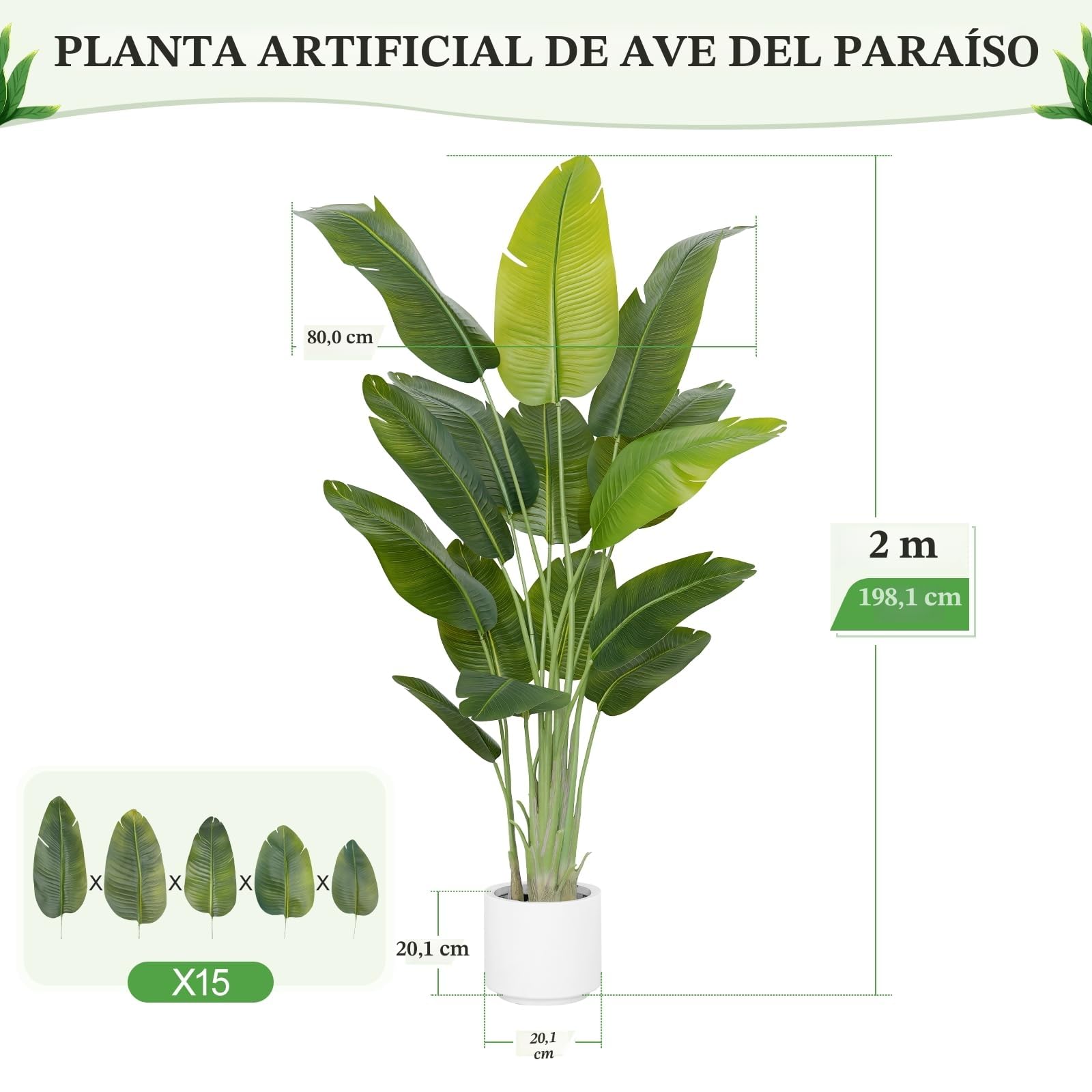 Planta Artificial Ave del Paraíso 200cm Plantas Artificiales Decorativas con 15 Hojas de Plátano,Planta Artificial Grande Interior con Maceta Blanca para Decoracion Hogar Salon Casa Room Decor