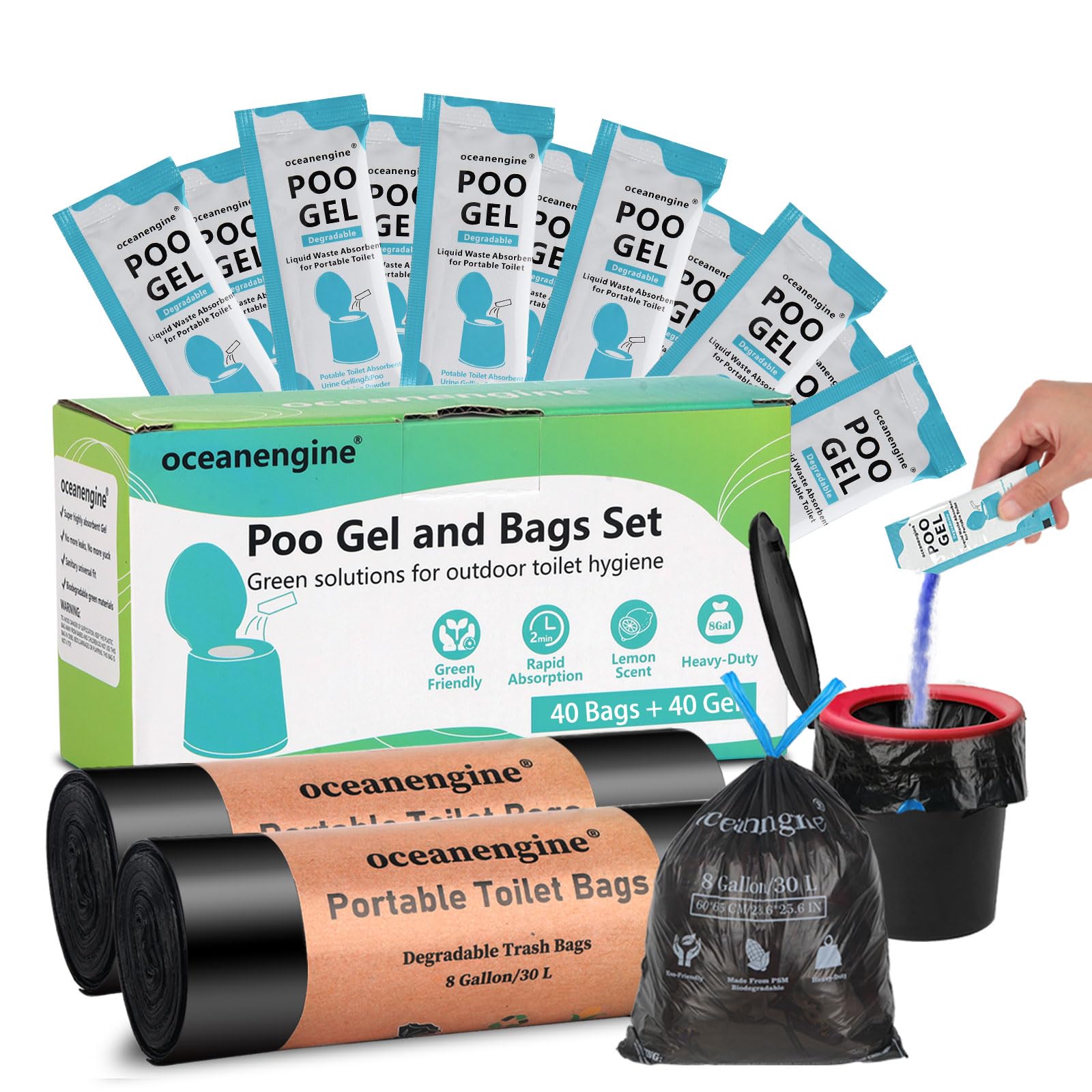 Portable Toilet Bags Poo Gel Set, 8 Gallon Camping Toilet Bag with Portable Absorbent Gel, Compostable Potty Bag for Camping Outdoor Hiking