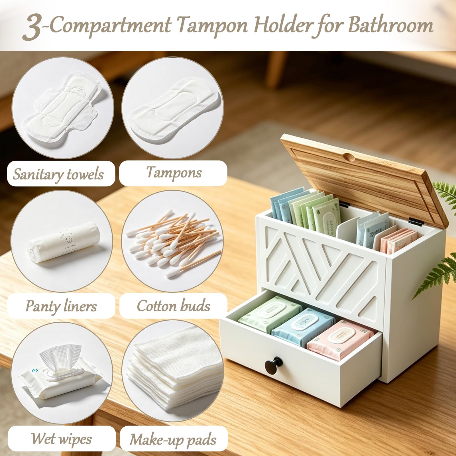 Tampon Aufbewahrung, 3 Fächer Binden Aufbewahrung Slipeinlagen Box Badezimmer Organizer mit Schubladen und Deckel Vielseitige Holz Aufbewahrungsbox für Wattepads Wattestäbchen Tampons und Binden