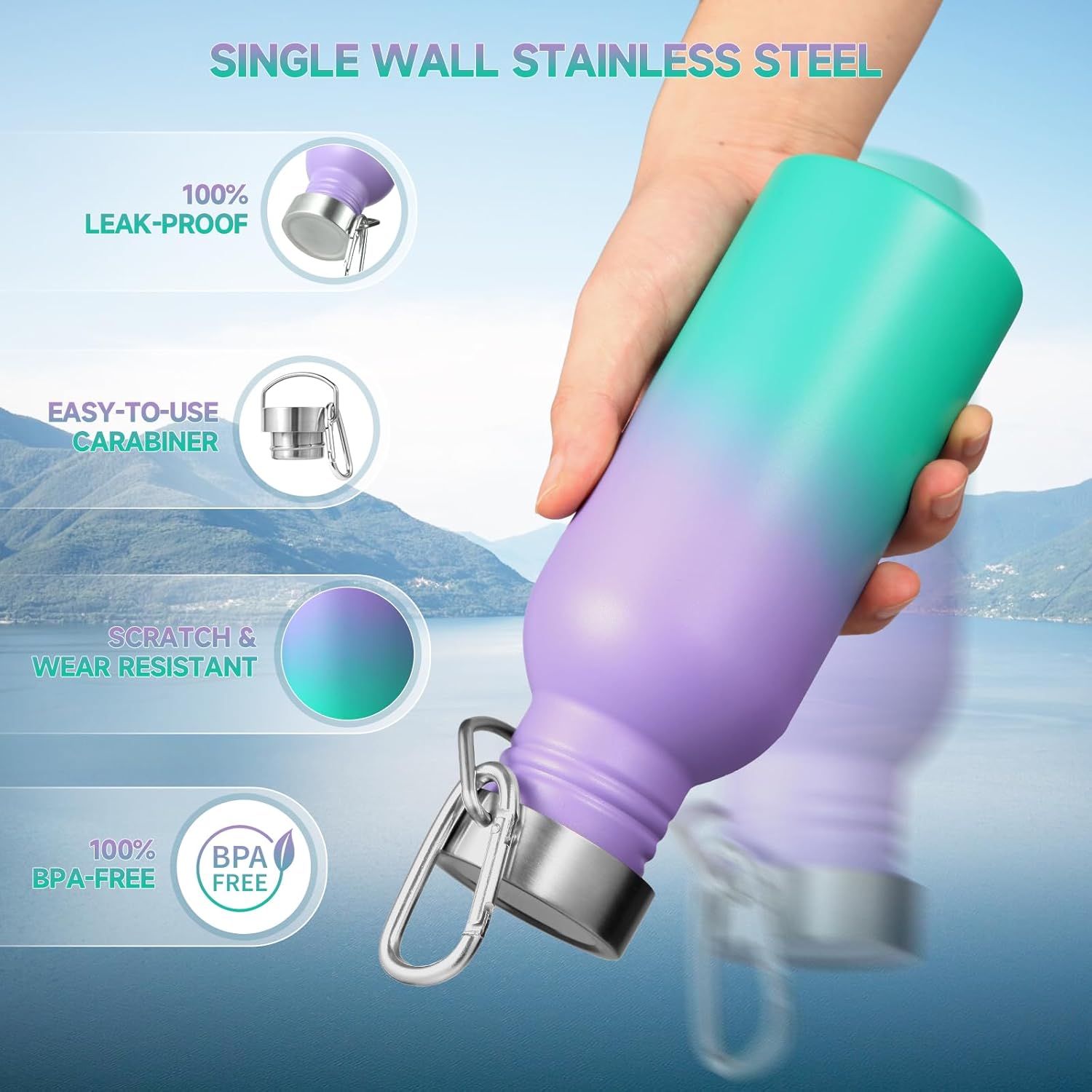 Volhoply 20oz Uninsulated Single Walled Water Bottles 4 Pack, Stainless Steel Reusable Water Bottle with Handle & Carabiner, BPA Free 18/8 304 Sports Water Bottles for Camping Hiking（Mix Color,4）