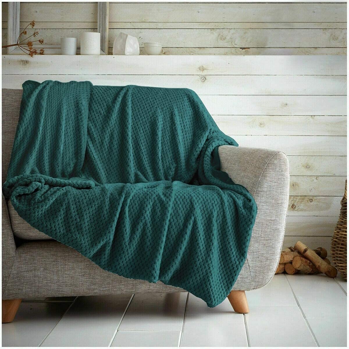 Kinfolk Textile Emerald Green Waffle Throw Honeycomb Blanket Soft Warm Cuddly Sofa Travel Bedspread (, King - 200 X 240Cm)