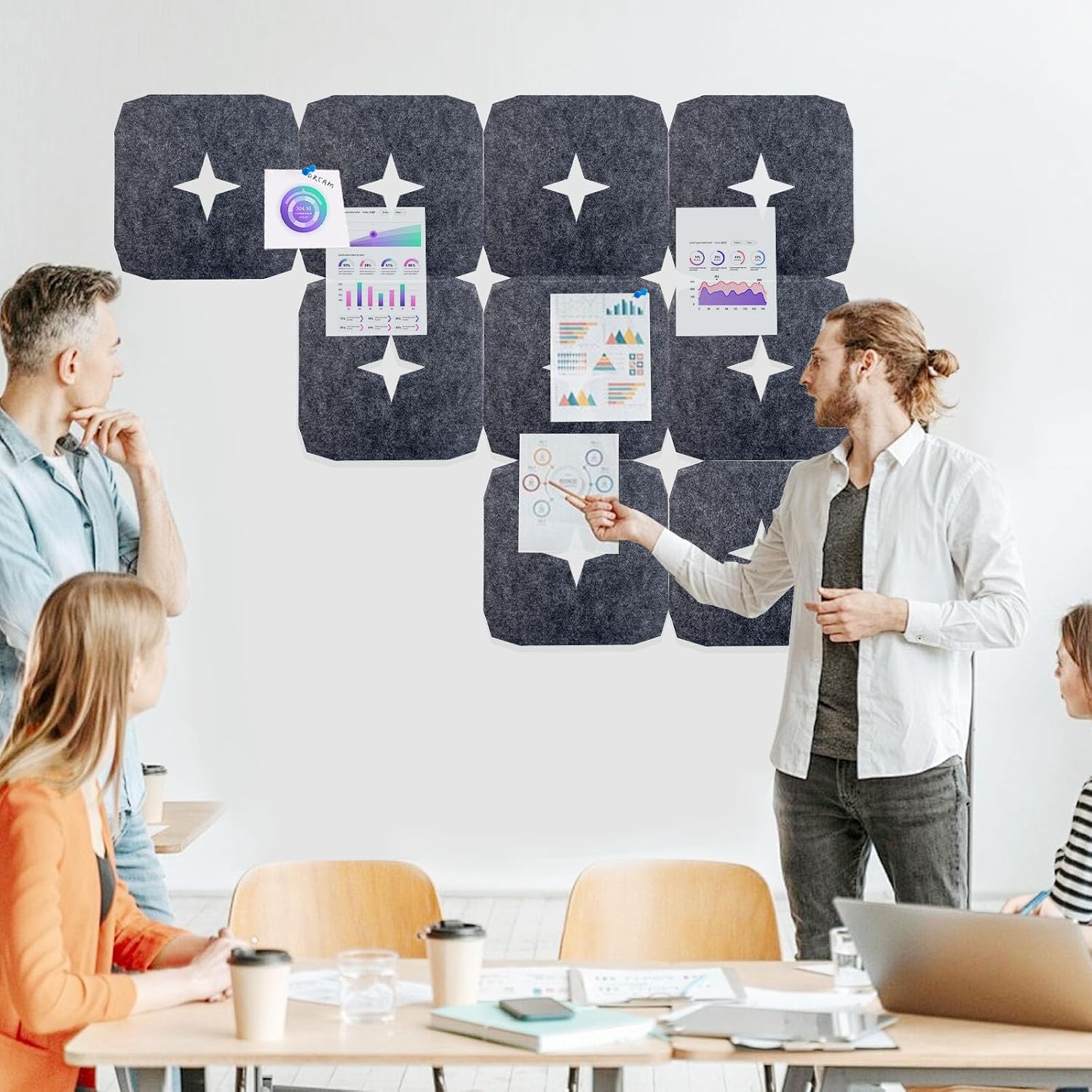 Daily Treasures 9pcs Star Cork Board Tiles,Large Felt Bulletin Board(29×29in) with Removable Self-Adhesive Strips & Painter’s Tape & 50Pins, Notice Boards for Office Home School Wall Decor (Dark Grey)