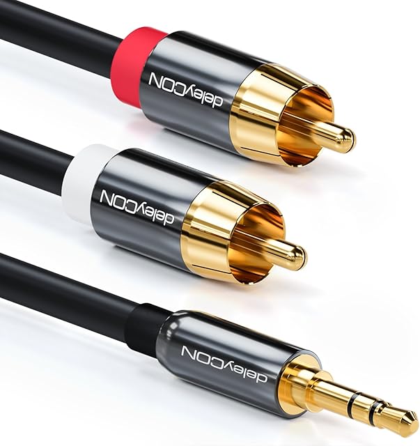 deleyCON 15m (49.21 ft.) Aux Cable RCA Cable Adaptor 3.5mm Aux to Chinch Stereo Audio Cable 1x Aux Jack Connector to 2x RCA Connector Metal Connectors - Black