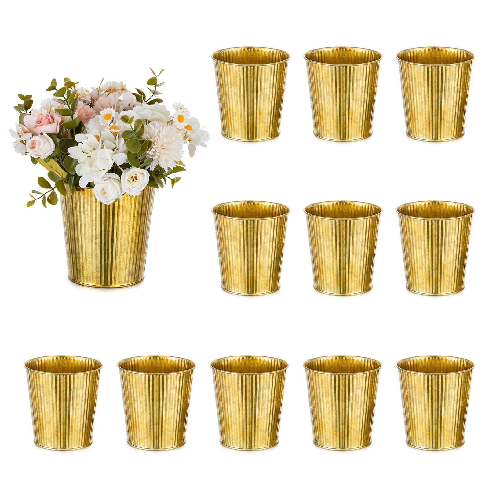 NUPTIO Gold Galvanized Vases for Centerpiece: 12 Pcs 5" Small Ribbed Vases for Flowers Bulk Metal Bucket Planter Pots for Wedding Table Home Decor