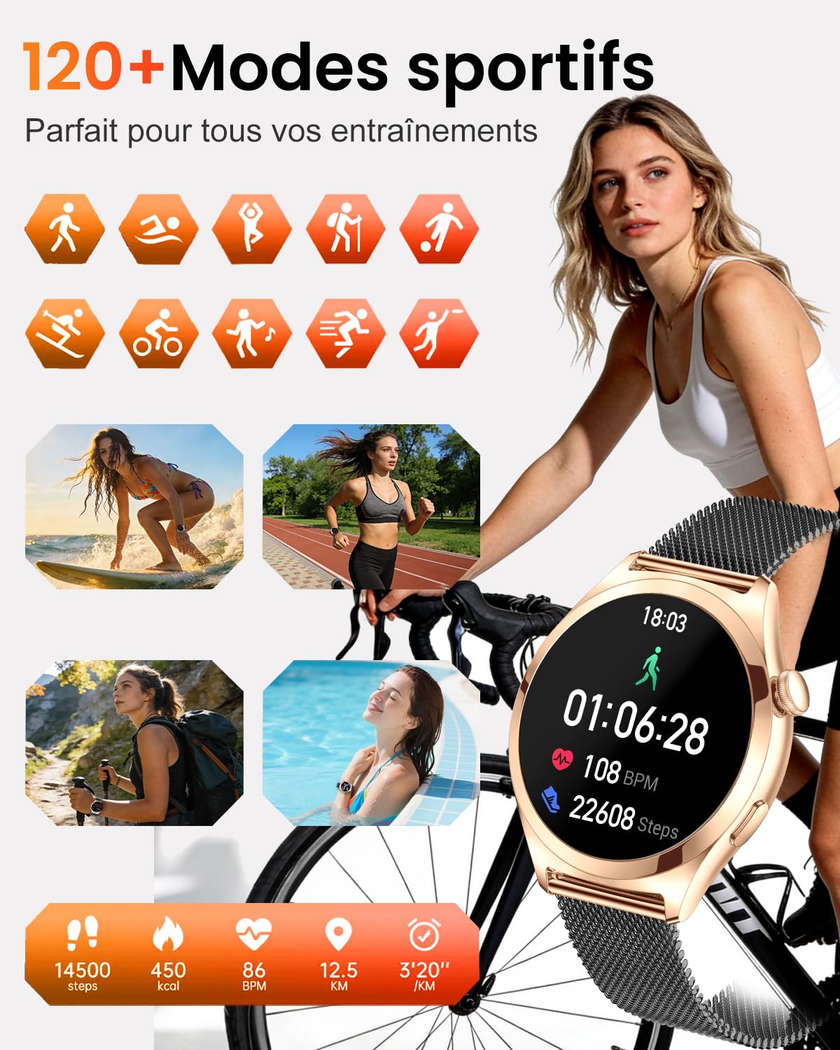 Montre Connectée Femme avec Appel Bluetooth, 1,27" HD Montre Fitness Femme, Fréquence Cardiaque SpO2 Suivi du Sommeil, Étanche IP68, 120+ Modes Sport, Fitness Tracker iOS Android (Or Noir)