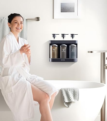 Miniatura 8 de Dispensador de champú para ducha montado en la pared, dispensador de jabón de ducha de 3 cámaras sin taladro, 3 botellas recargables de 12.85 onzas