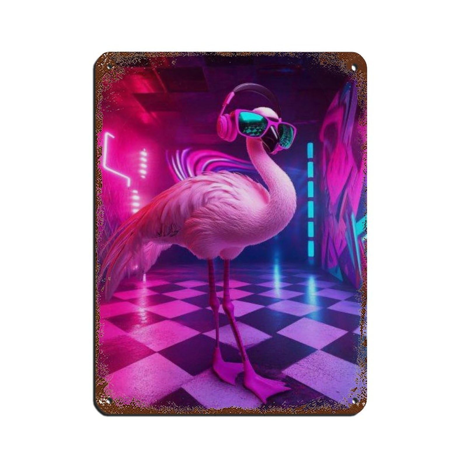 Flamingo with Headphones,Stylish Neon Room Decor Tin Sign Vintage Metal Pub Club Cafe Bar Home Wall Art Decoration Poster Retro 12x16inch(30x40cm)