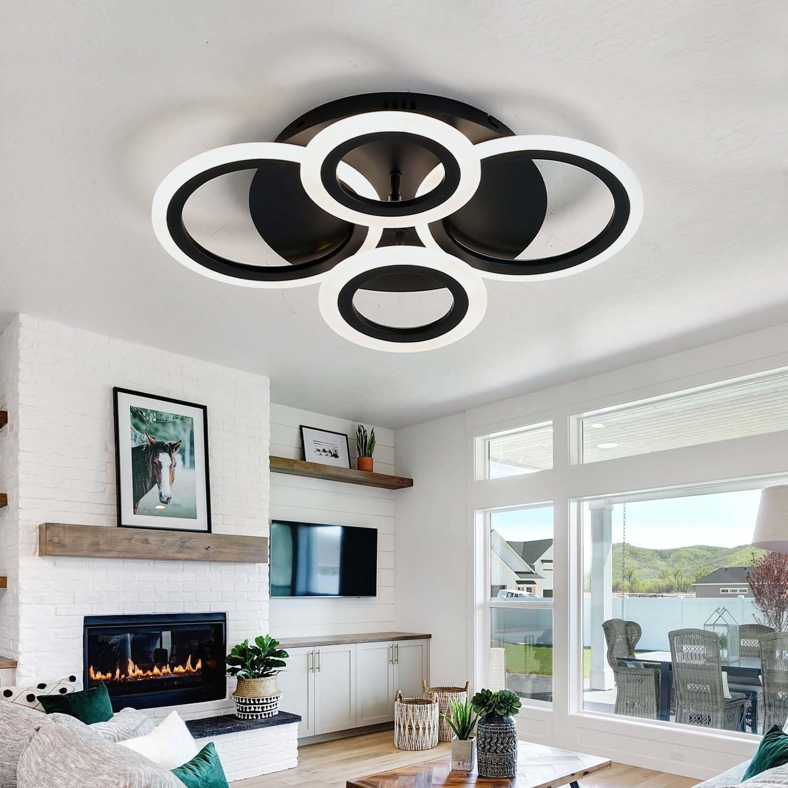 Caufloce Ceiling Lights Living Room, Flush LED Bedroom Light Fittings Ceilings Remote Control Lounge Modern Lighting Ceiling Dimmable Round APP Indoor Φ55cm Ceiling Lamp for Dining Room-Black||B