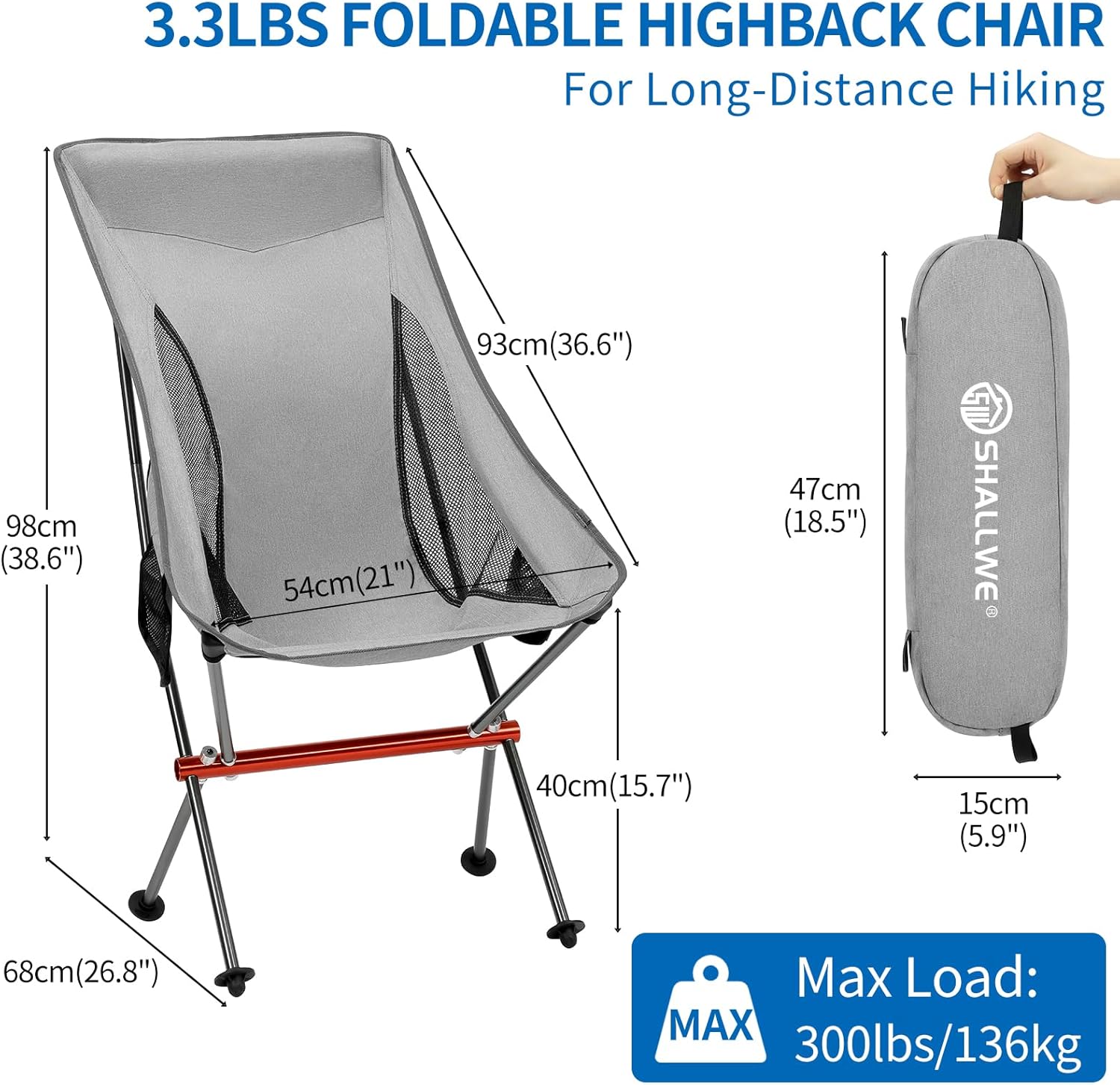 SHALLWE Camping Chairs, All Aluminum Frame Portable Folding Camp Chair for Adults, Heavy Duty High Back Collapsible with Built-in Pillow, Side Pocket, Carry Bag for Backpacking, Hiking, Beach