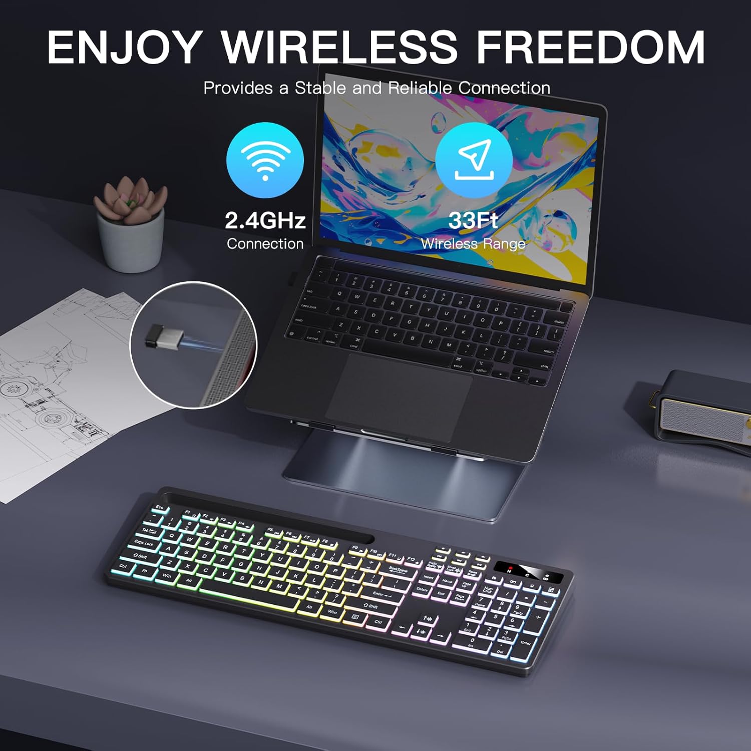 Wireless Keyboard with 7-Color RGB Backlit, Full-Size Computer Keyboard with Phone Tablet Holder, 2.4G Rechargeable Gaming Keyboard with Light Up Keys, Compatible with Mac, Windows (Black) - Image 7