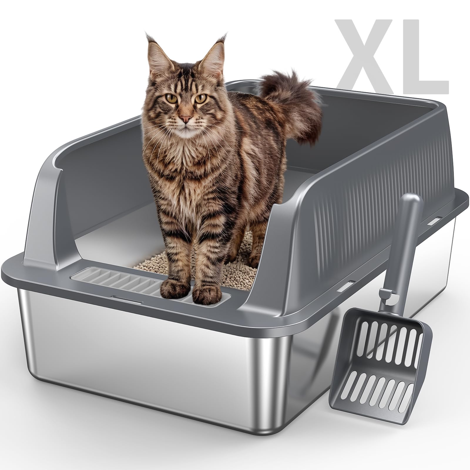 Edelstahl Katzentoilette Offen Hochseitig, Dunkelgrau, 1 Stück