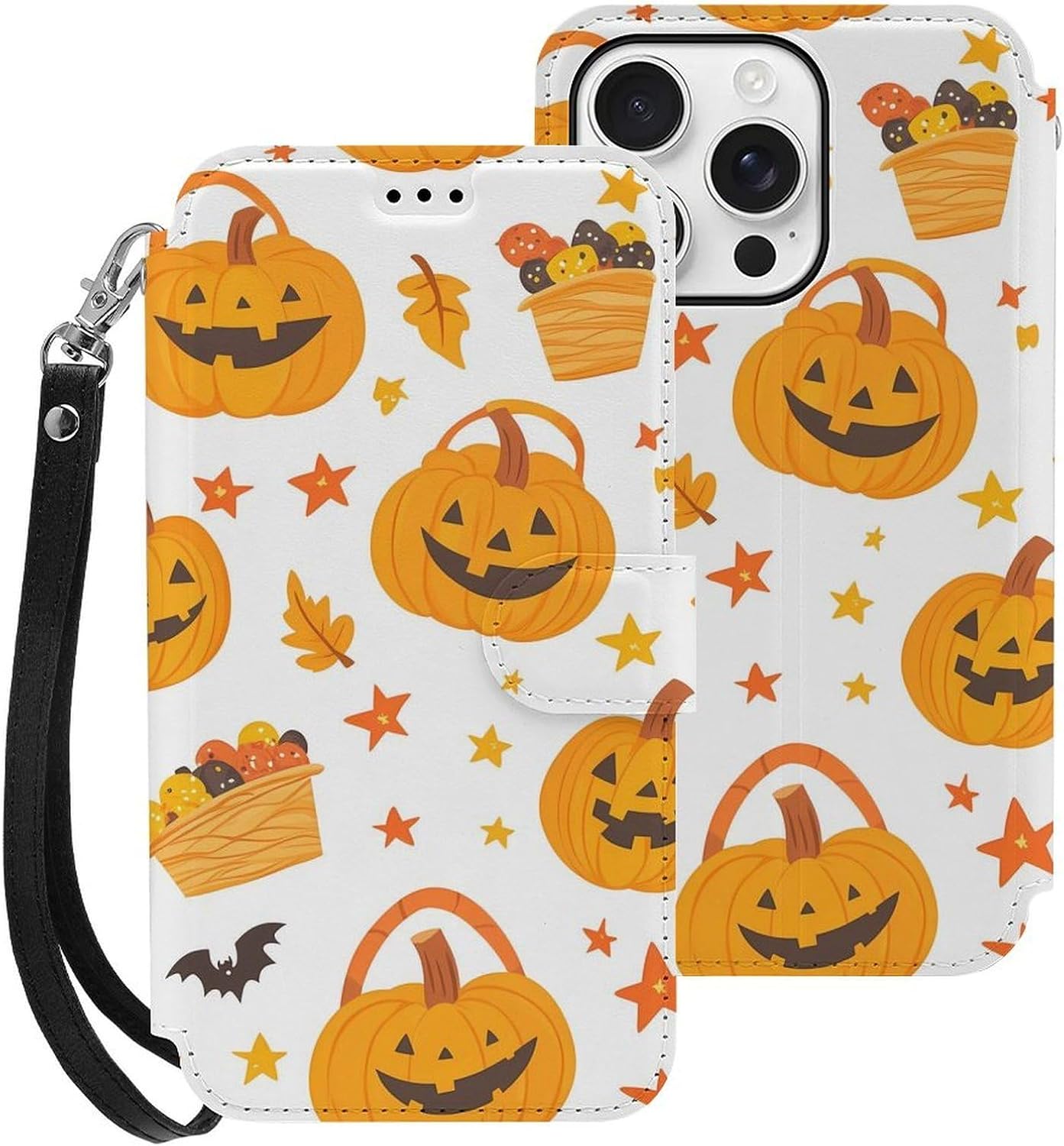 Cartoon Pumpkin Candy Halloween Compatible with iPhone 16/16 Plus/16 Pro/16 Pro Max/16 E Case Phone Wallet Card Holder Flip Cover with Wrist Strap