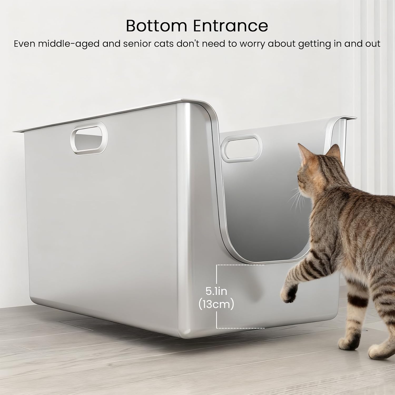 Stainless Steel Litter Box 13.7'' High Sides, XL Metal Cat Litter Box with Curved Low Entry, Cat Litter Pan for Big & Multiple Cats, Pet Toliet with Handy Wheels for Easy Moving