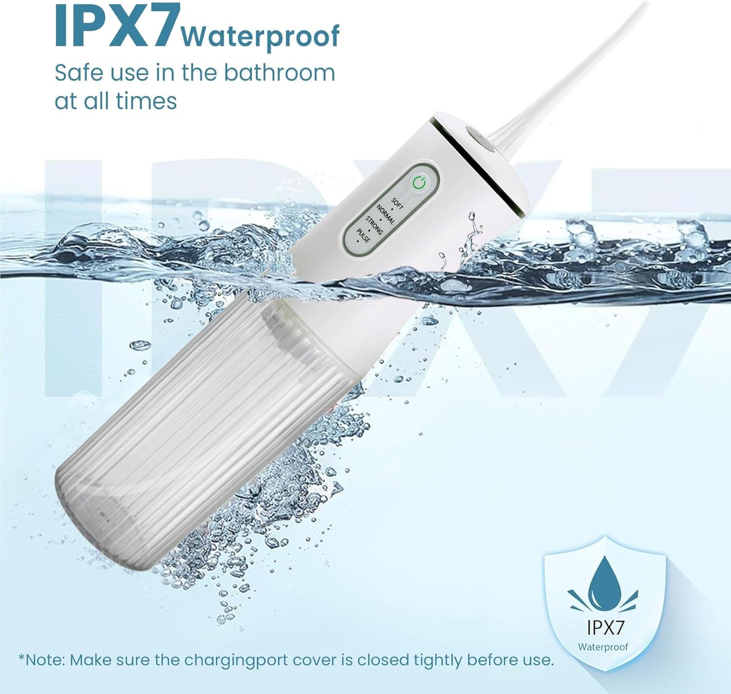 Idropulsore per la pulizia dei denti, irrigatore orale senza fili, pulitore dentale elettrico con 4 modalità e 8 ugelli spray, impermeabile IPX7, portatile e ricaricabile per casa e viaggi, bianco