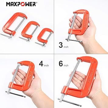 MAXPOWER 4-pieces C Clamps Set, 6 Inch C Clamp, Up To 6-Inch Jaw Opening, 2-3/4 Inch Throat Depth