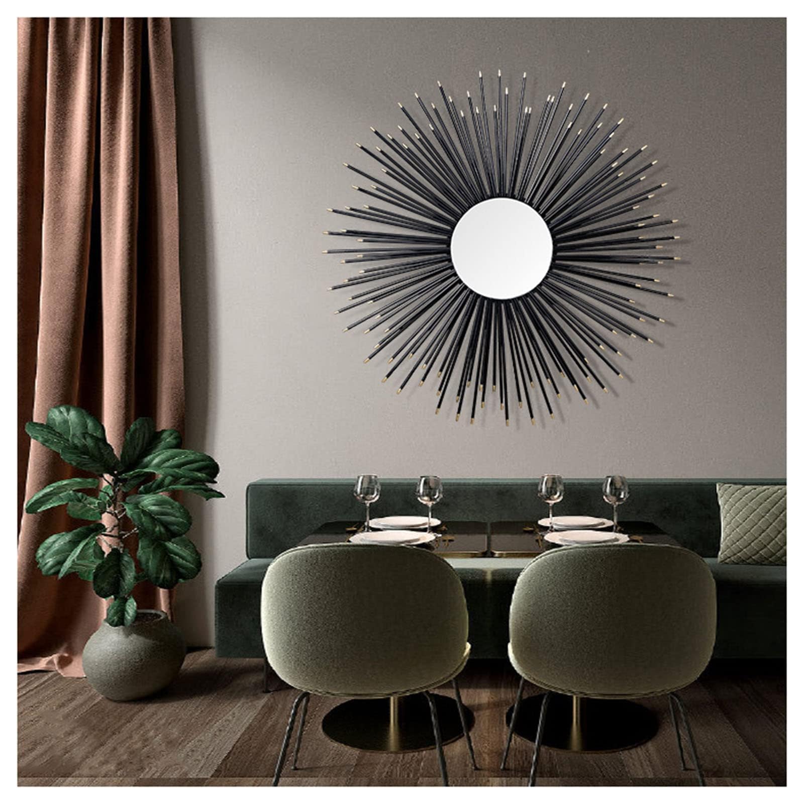Sunburst lustro ścienne, okrągłe metalowe lustro dekoracyjne, 80 cm, tradycyjny styl, montowane na ścianie, wielofunkcyjna dekoracja pokoju