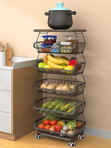 Cestas de almacenamiento de metal con mesa apilables de 6 niveles con rueda, cestas de frutas y verduras, carrito organizador para despensa de