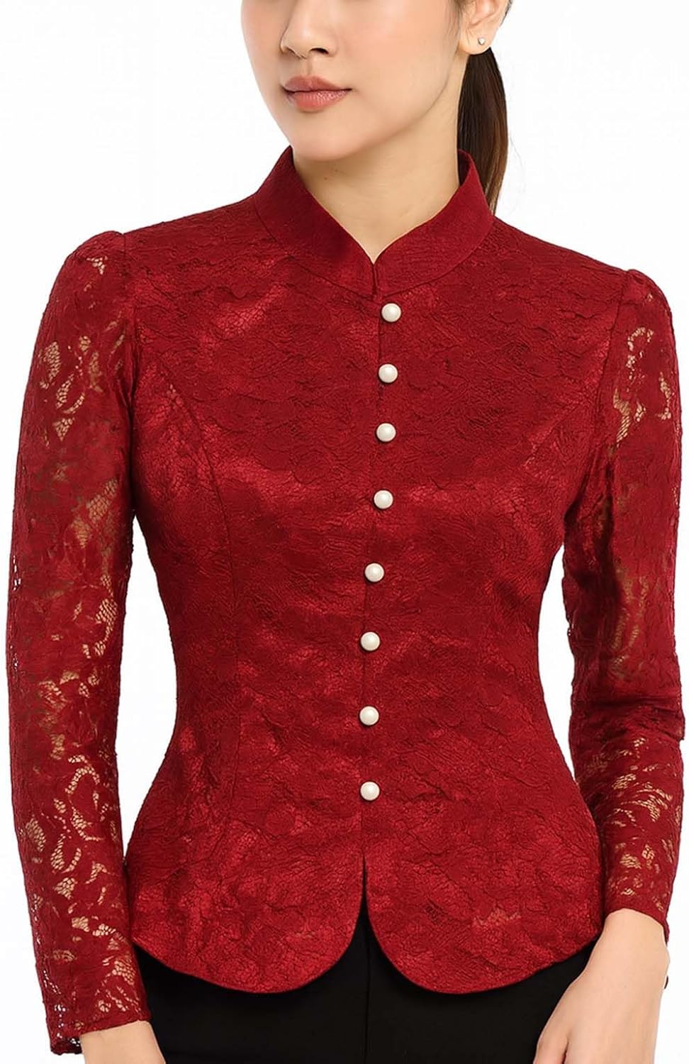 Siam Regal's Ladies Elegant Thai Silk Lace Shirt Long Sleeve Mandarin Chinese Collar Outfit Blouse Wedding Formal Women's