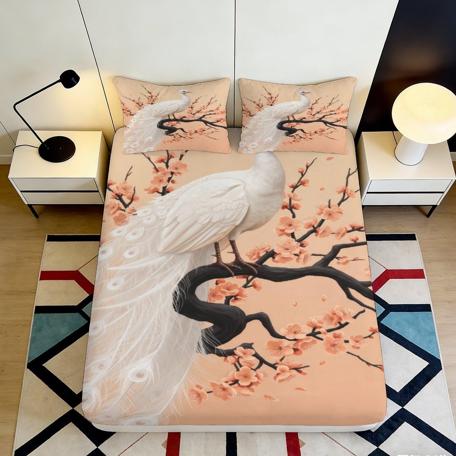 Zfldkwgb Style-10 3D Printed White Peacock Blossom Fitted Sheet Microfiber Soft Peach Branch Bed Cover For Bedroom Guest Room Decor 90X200x25cm