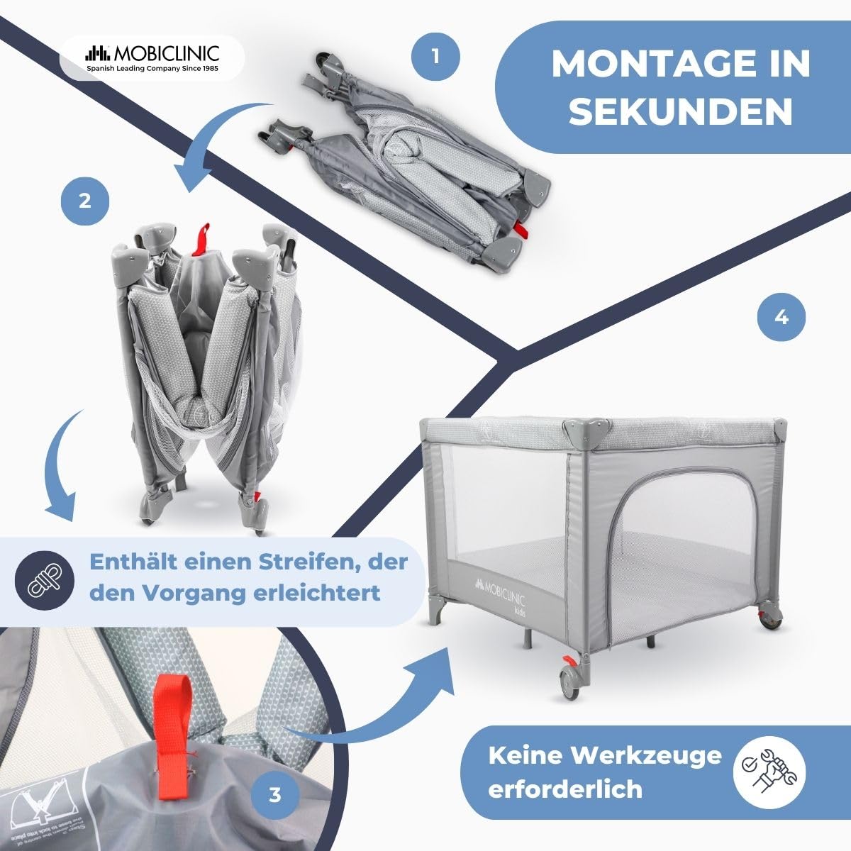 Mobiclinic®, Baby Laufgitter, 2 in 1, Reisebett, Tragetasche, Faltbar, Seitlicher Einstieg, Baby Laufgitter, 0-3 Jahre, Atmungsaktives Netz, 2 Räder mit Bremse, Herausnehmbare Matratze, Sleepland