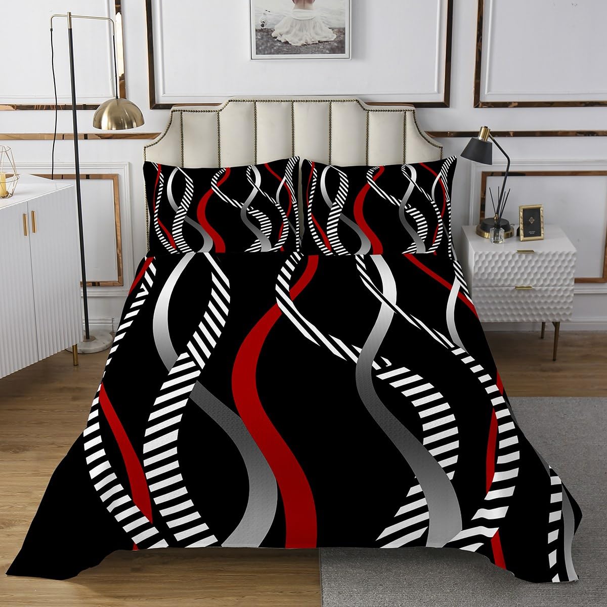 Manfei Geometric Stripe Bedspread King Size, Red Grey White Wavy Stripe Coverlet Set 3pcs, Abstract Geometry Quilted Coverlet with 2 Pillowcases, Kids Girls Room Decor, Soft Bedding Quilt