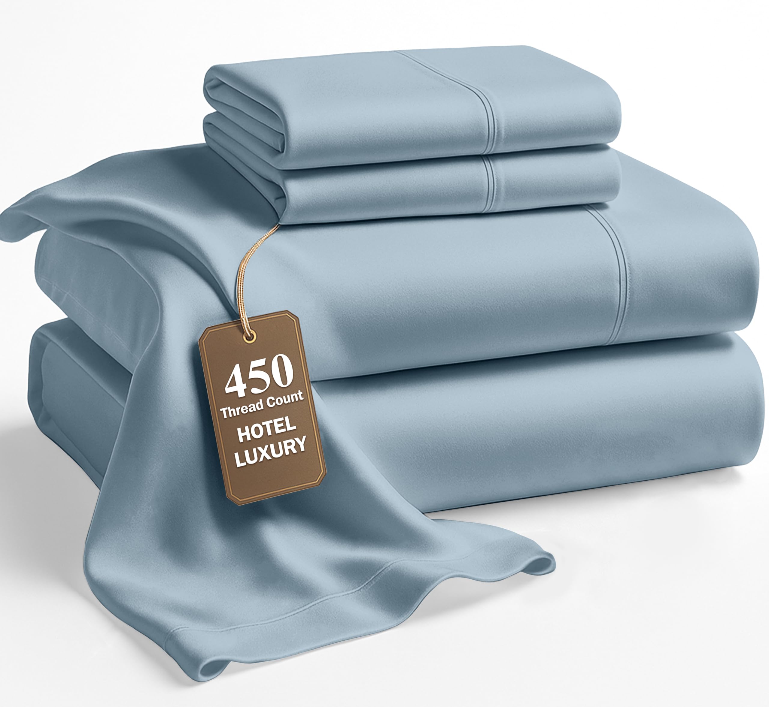 LANE LINEN Full Sheet Set – 450 Thread Count 100% Cotton Cooling Sheets, Soft Sateen Weave, 15” Deep Pocket Fully Elasticized Fitted Sheet, Breathable Sheet & Pillowcase Sets, French Blue