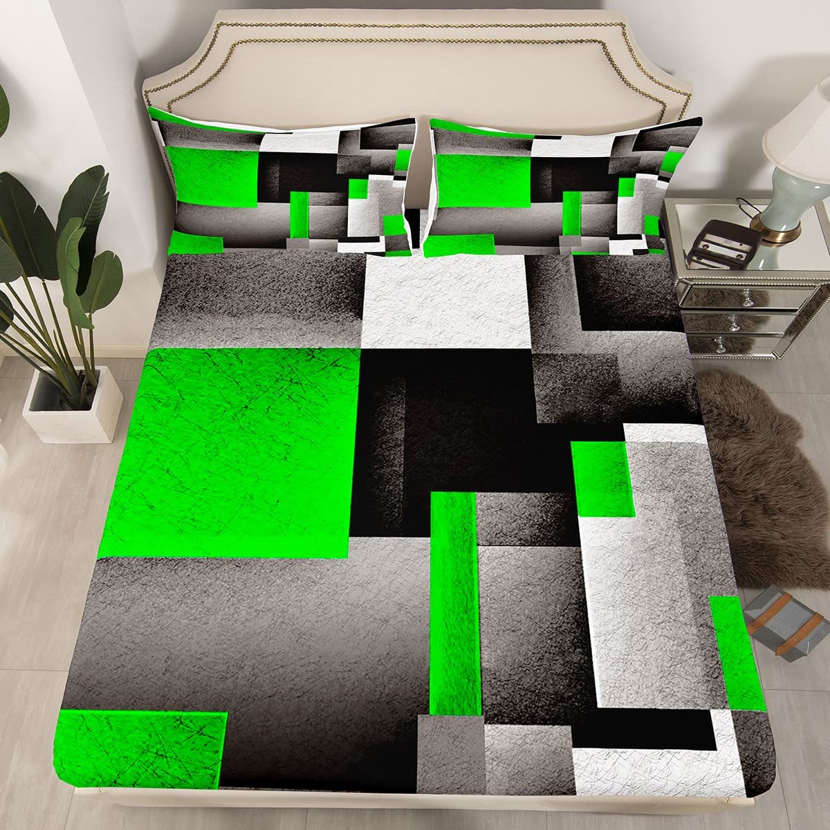 Juego de sábanas geométricas para niños, sábanas geométricas verdes, grises y negras con bolsillo profundo para niños, juego de sábanas modernas de arte abstracto, transpirable, decoración de cuadros
