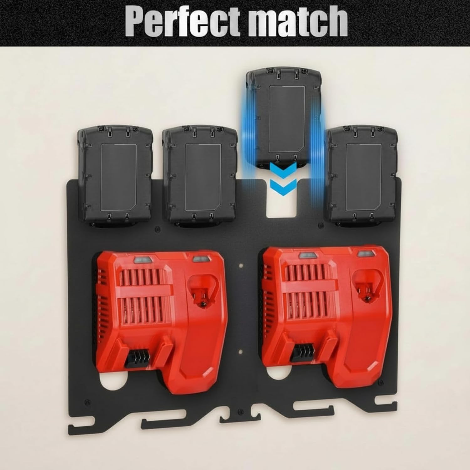 3-in-1 Metal Wall Mount Holder Compatible with Milwaukee Chargers Batteries Drill Compatible with 4x 18v Battery Packs 2x M12-18c Charger/2x M12-18fc Charger/1x M18 Dfc, Power Tool Organizer