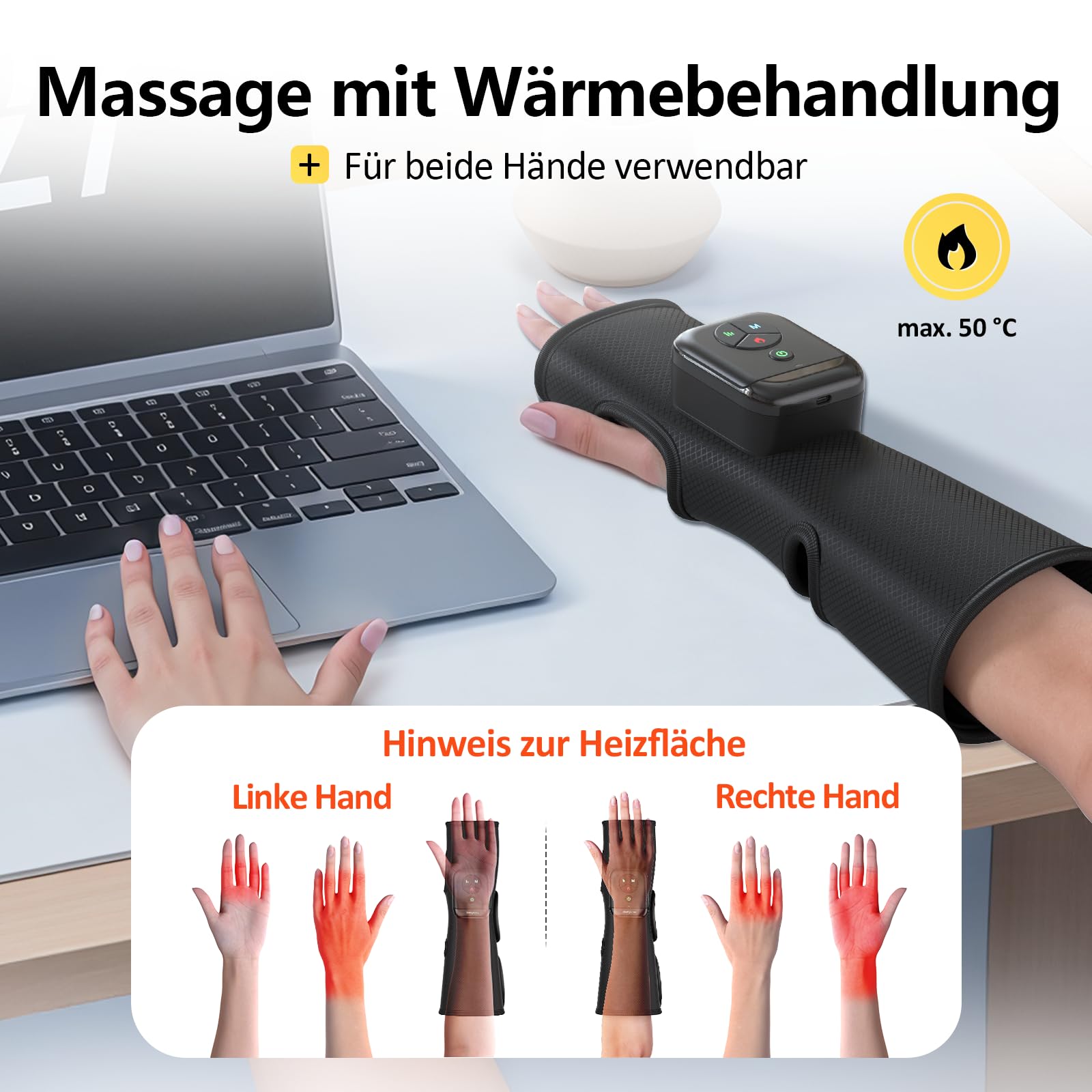 Comfytemp 3-in-1 Handmassagegerät Kabelloses Luftkompression Massage für Handfläche Handgelenk Unterarm,Heizung Massagegerät mit DIY Kontrolle per Knopfdruck und App 2500mAh Akku （1 Stück）