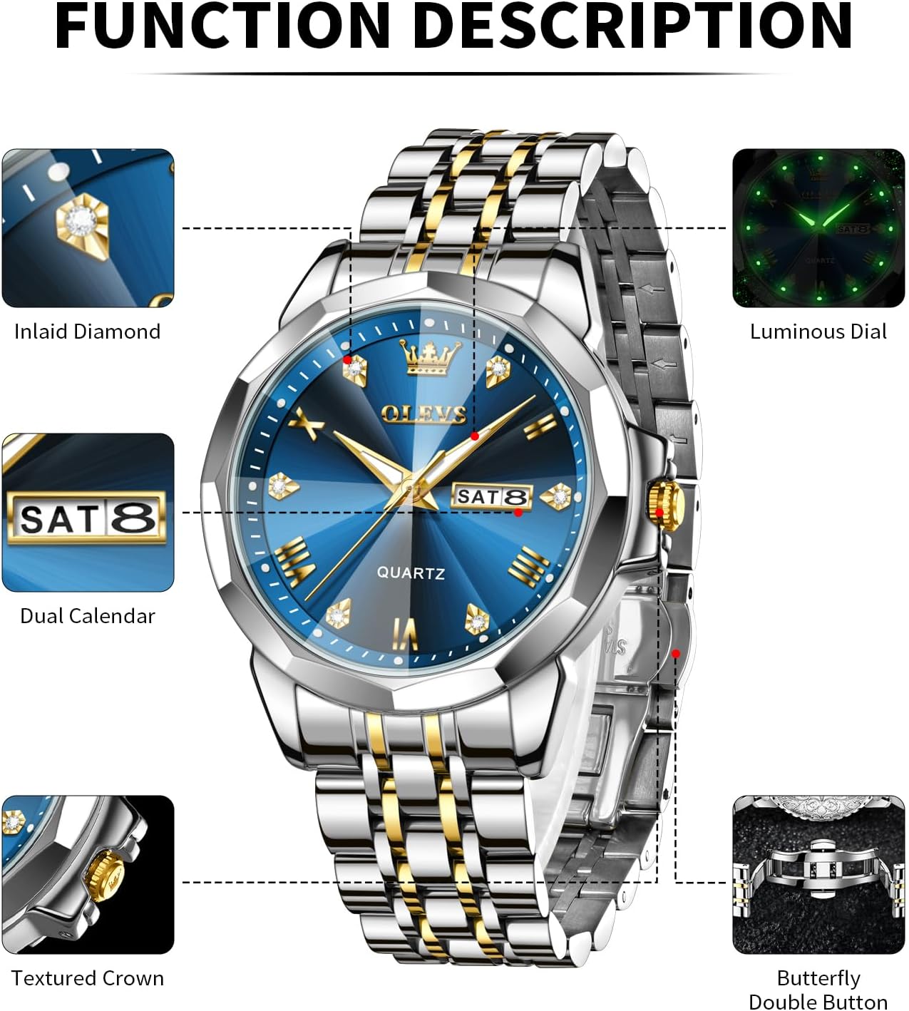 OLEVS Watches for Men Diamond Business Dress Analog Quartz Stainless Steel Waterproof Luminous Date Perfume Watch Luxury Fashion Wristwatch - Image 5