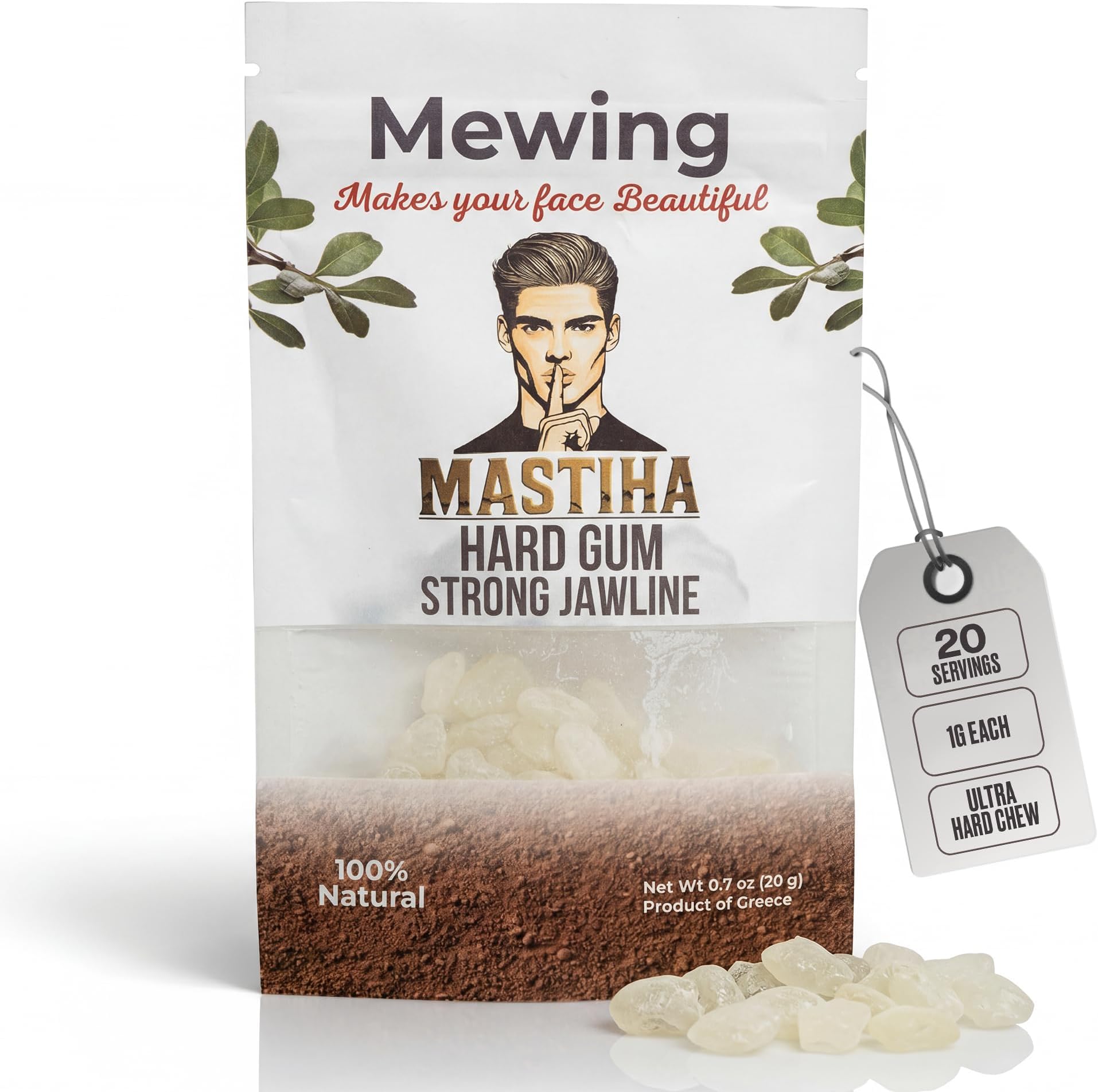 Mastic Gum for Jawline Training - 100% Natural Chios Mastiha Hard Chewing Gum | 20 Servings, 1g Each | Ultra-Tough Mewing Gum for Men | Jawline Exerciser, Jaw Trainer, Facial Muscle Workout | Sugar-Free, Organic Greek Mastic
