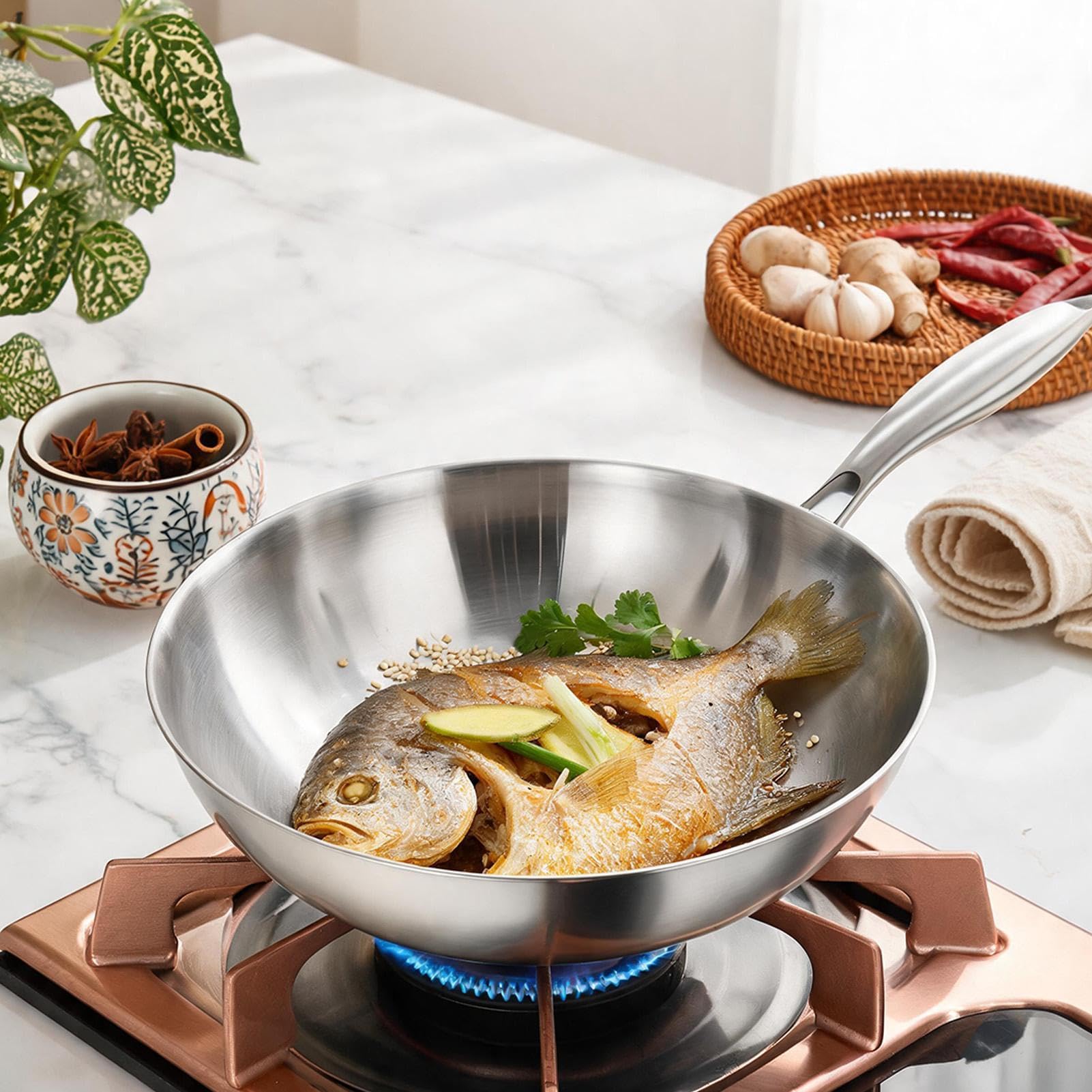 Flachboden-Woks Antihaft unbeschichtete tiefe Bratpfanne