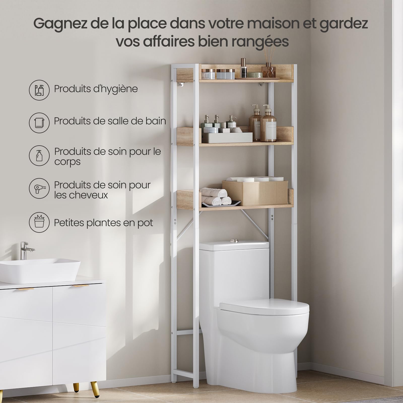 EUGAD Meuble WC, Étagère Machine à Laver, à 3 Niveaux, au-Dessus des Toilettes, Gain d'Espace, pour Salle de Bain, Buanderie, en Bois d'Ingénierie et Métal, Chêne Clair + Blanc, 63x25x166,5cm