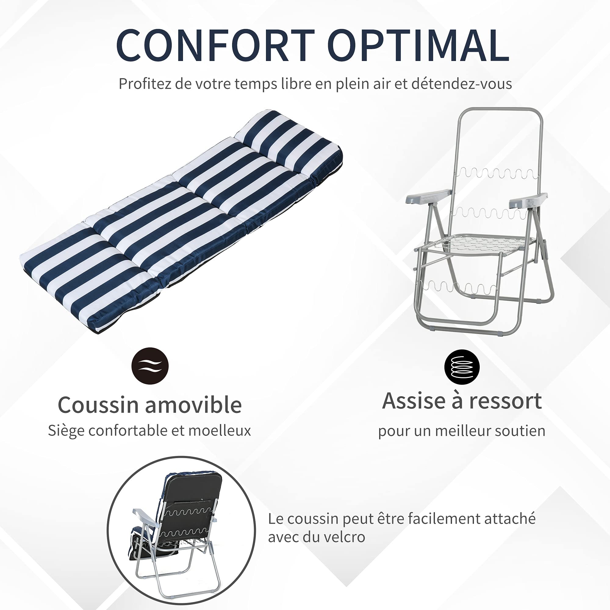 Outsunny Lot de 2 Chaise Longue Bain de Soleil Adjustable Pliable avec Coussin transat lit de Jardin en Acier Bleu + Blanc