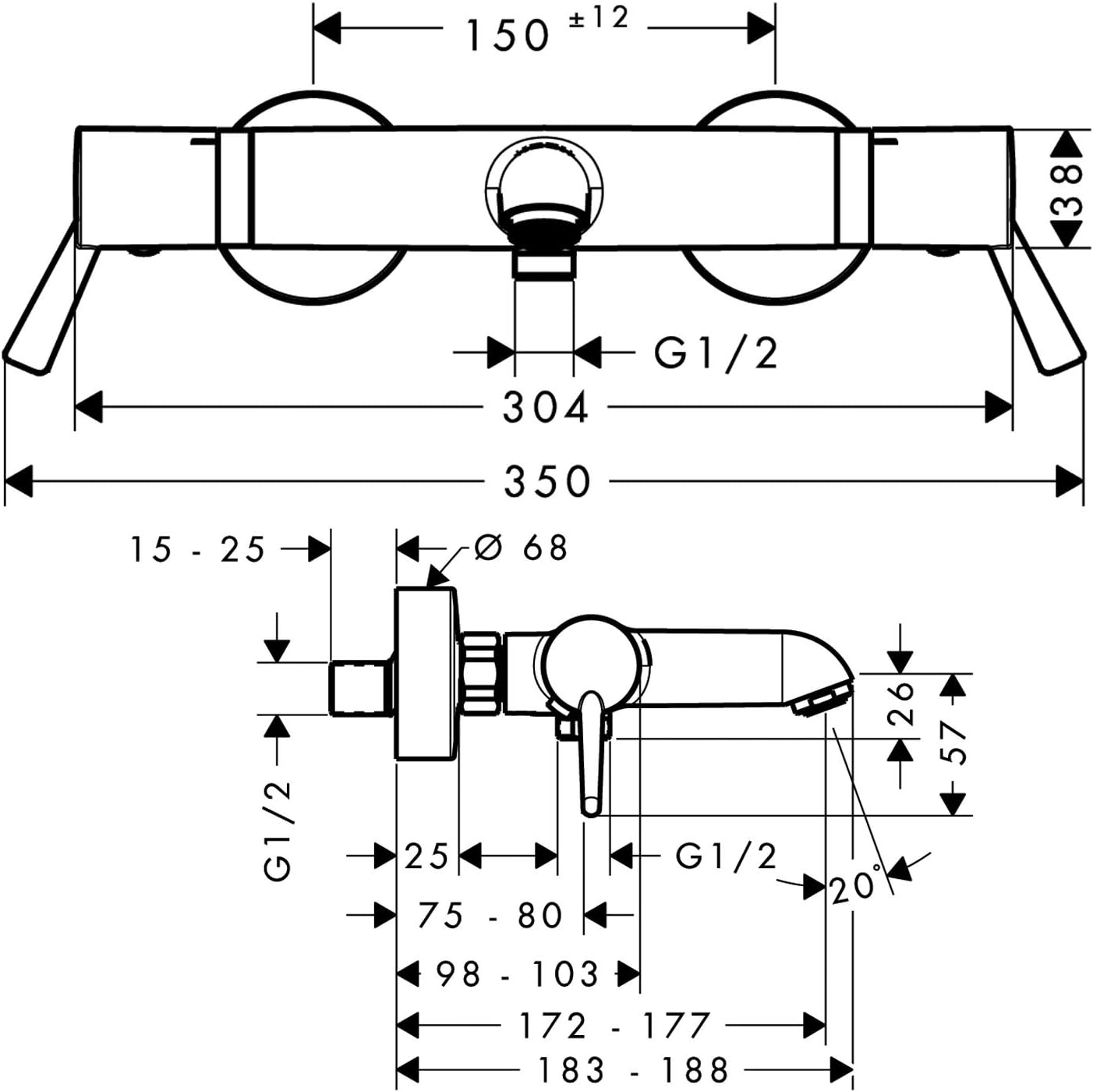 hansgrohe 13115000 Ecostat Thermostatic Bath Mixer Comfort Care with Extra Long Handles, Chrome, Silver