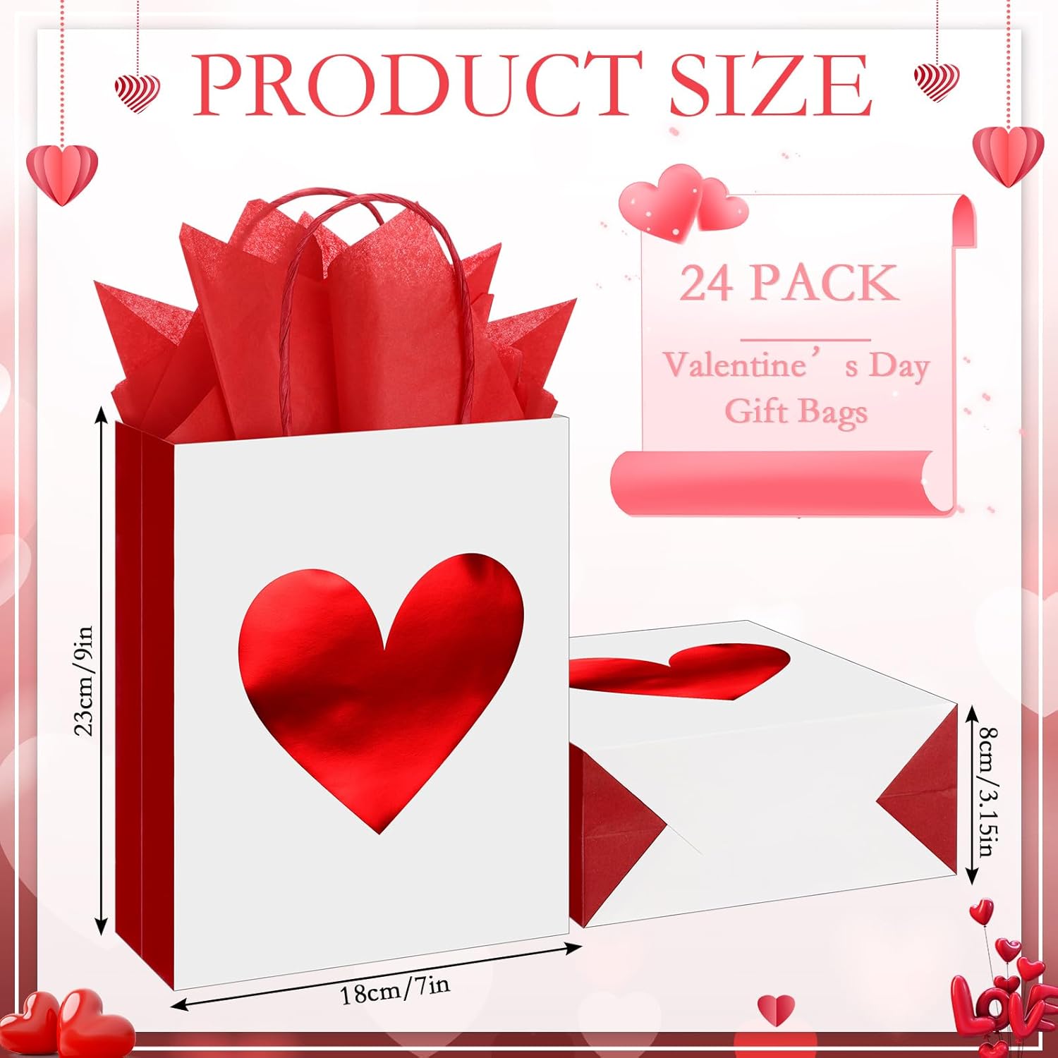 Teling 24 Pack Valentine's Day Gift Bags with Tissue Paper Red Foil Heart Goodie Bags with Handles for Valentine Gifts Giving Wrapping Anniversary Couple Dating, 9 x 7 x 3.15 Inch(White,Red) - Image 2