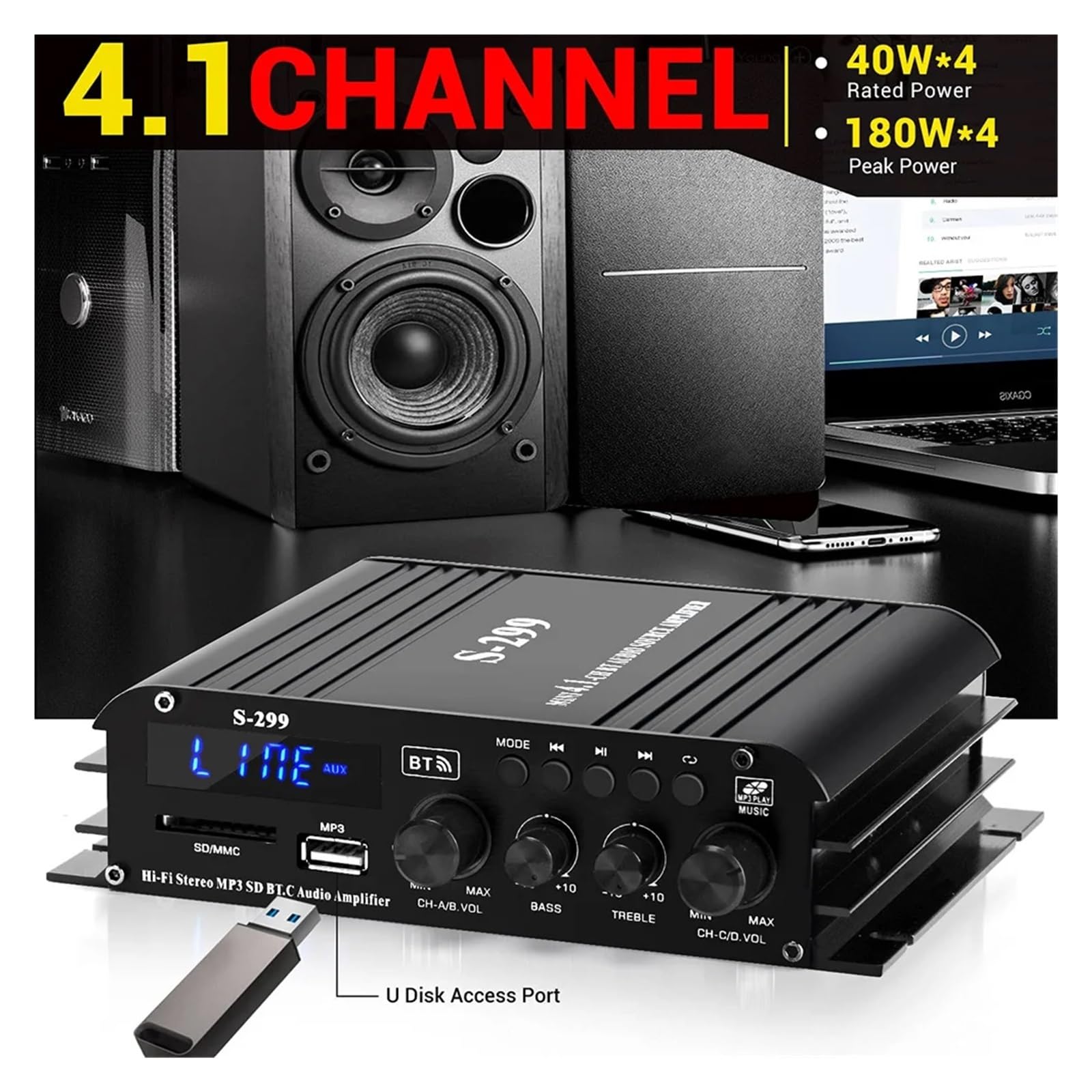 Amazon.co.jp: アンプ S-299 デジタルパワーアンプ 4.1 チャンネル