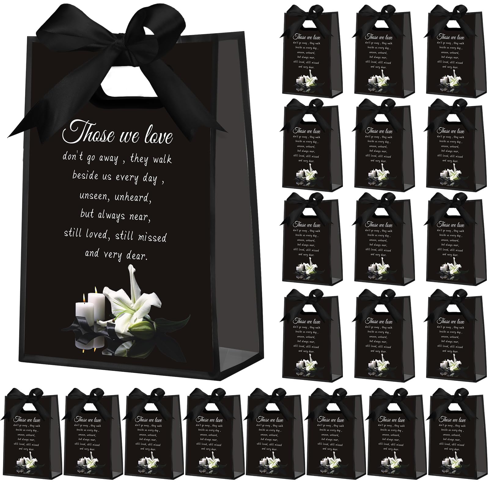 Shinylin 24 Pcs Funeral Gift Bag with Handle Reusable Clear Plastic Funeral Favor Guests Bag with Ribbon Clear Gift Wrapping for Sympathy Memorial Condolence Bereavement Celebration of Life (Black)