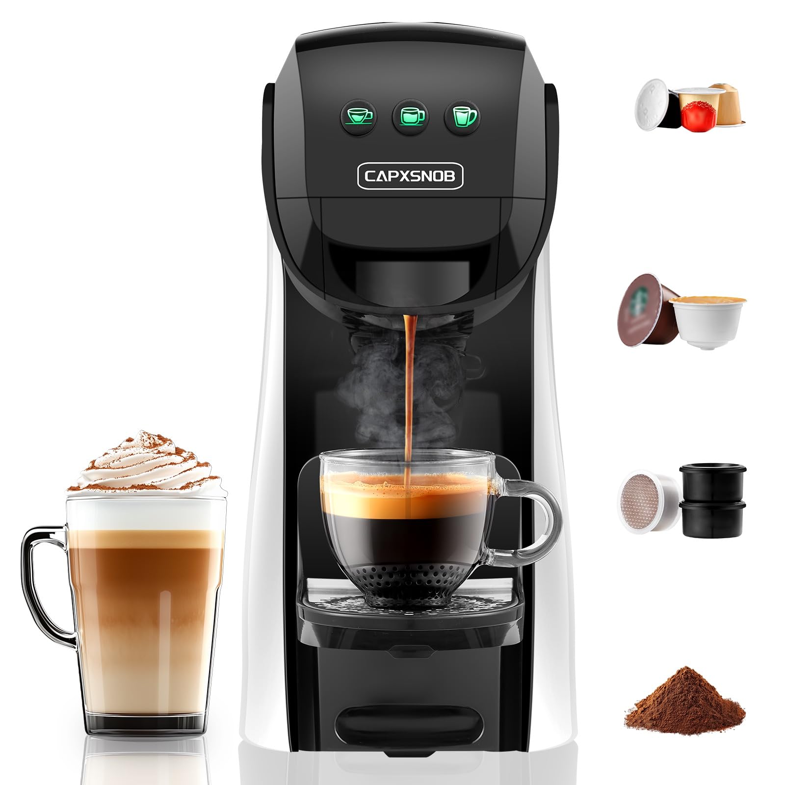 Warriors1 Macchina da Caff a Capsule 4 in 1 per Nespresso OL, Lavazza A Modo Mio, Dolce Gusto e Caff Macinato, 20 bars, 0,8 L, Calore e Quantit Regolabili, Automatica e Compatta per Casa e Ufficio