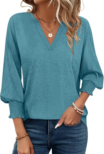 PGANDS Women's V Neck 3/4 Sleeve Tops Dressy Casual Shirts Cute Loose Blouse Tea