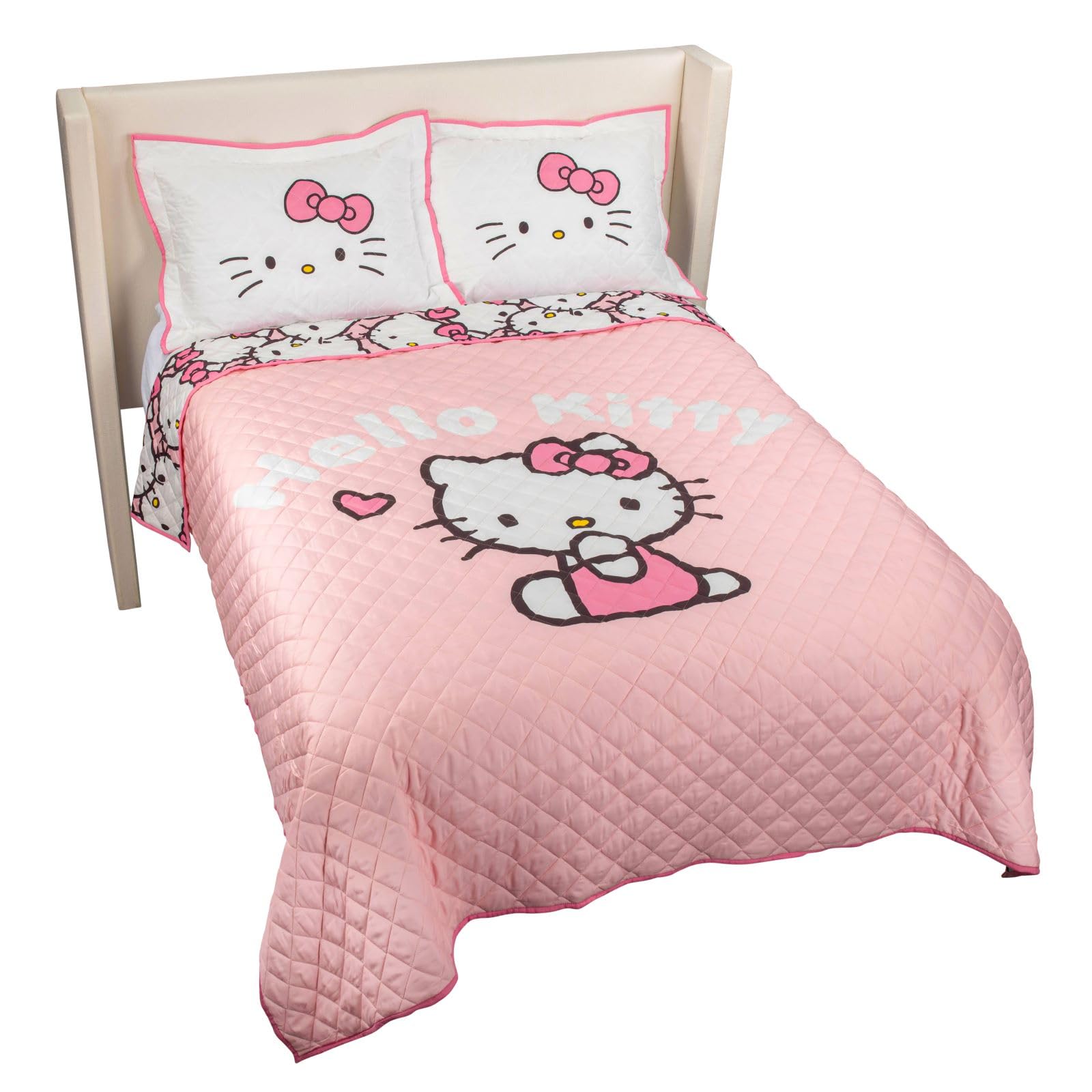 Jay Franco Hello Kitty Pink Stripes & Hearts Full/Queen Size Quilt & Sham Set - Super Soft Lightweight Bedspread Set
