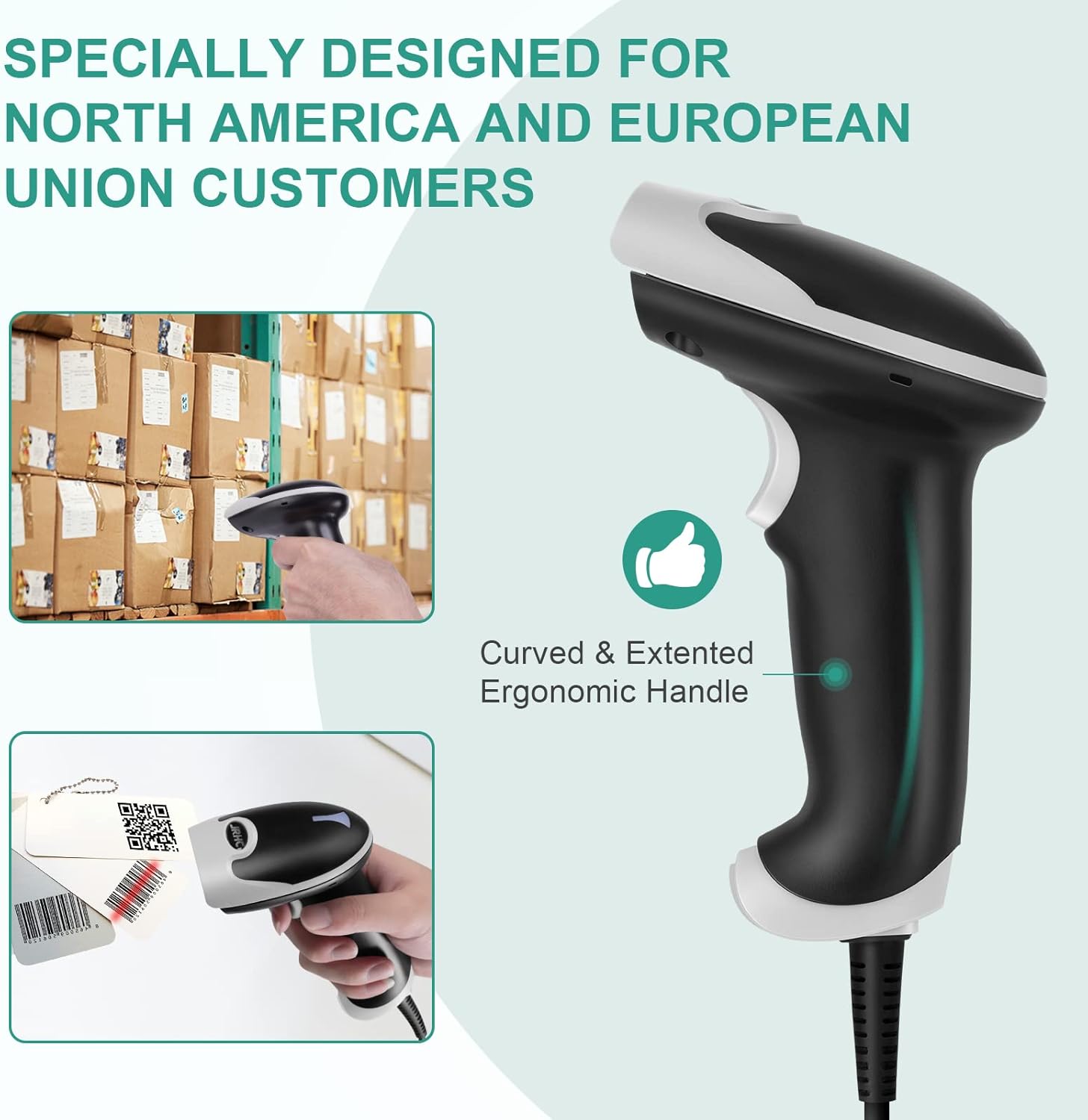 JRHC barcode scanner with a curved and extended ergonomic handle, designed for comfortable use.