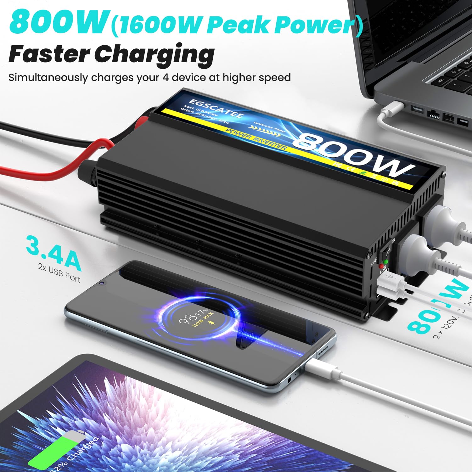 Snapklik.com : EGSCATEE 800W Power Inverter 12V DC To 110V/120V AC Car ...