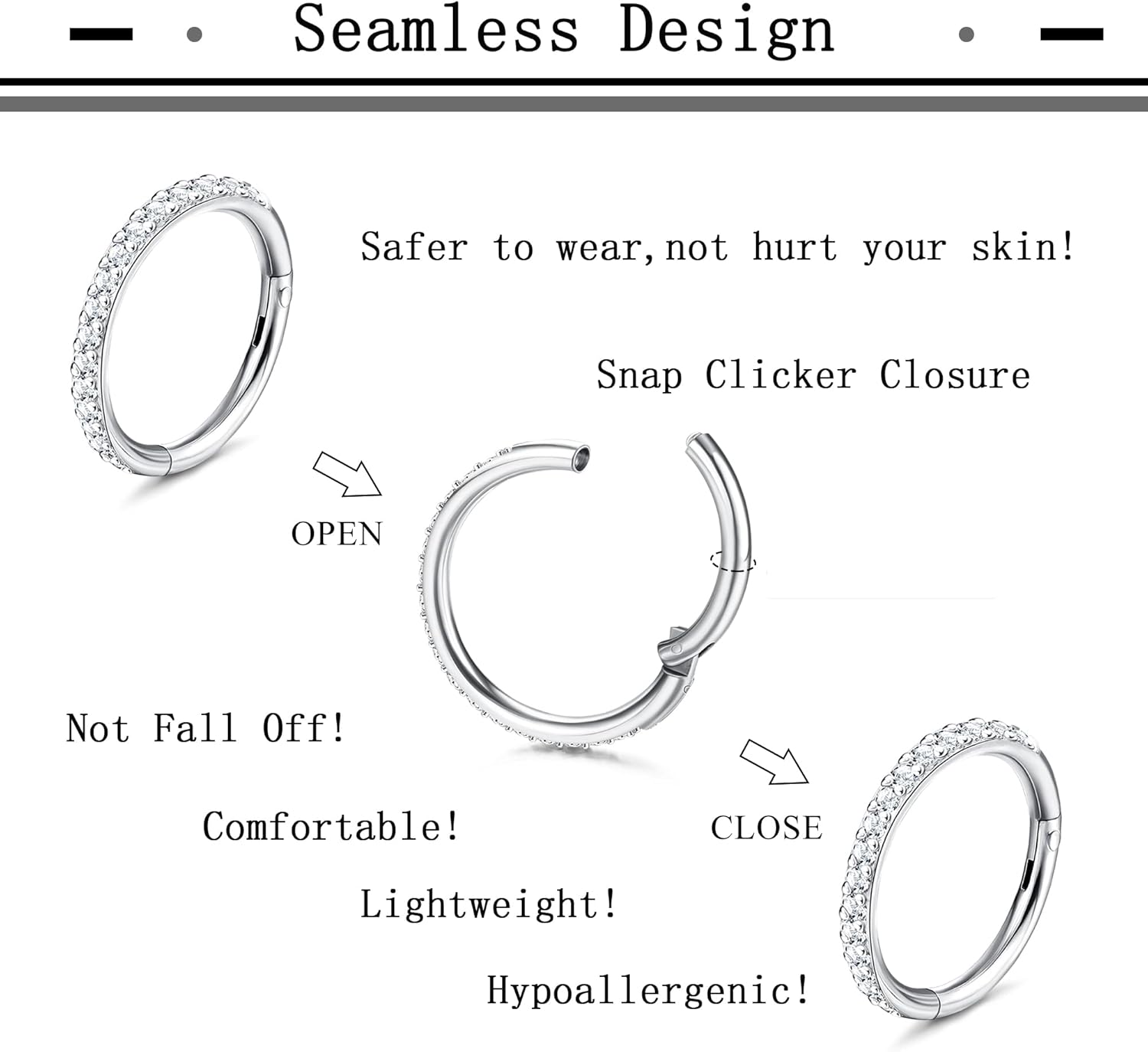 THUNARAZ 18G 16G Nose Rings Hoop for Women Men 5Pcs Surgical Steel CZ Opal Hinged Lip Nose Rings Daith Helix Cartilage Hoop Conch Rook Earrings Clicker Septum Body Piercing Jewelry 8mm 10mm - Image 3