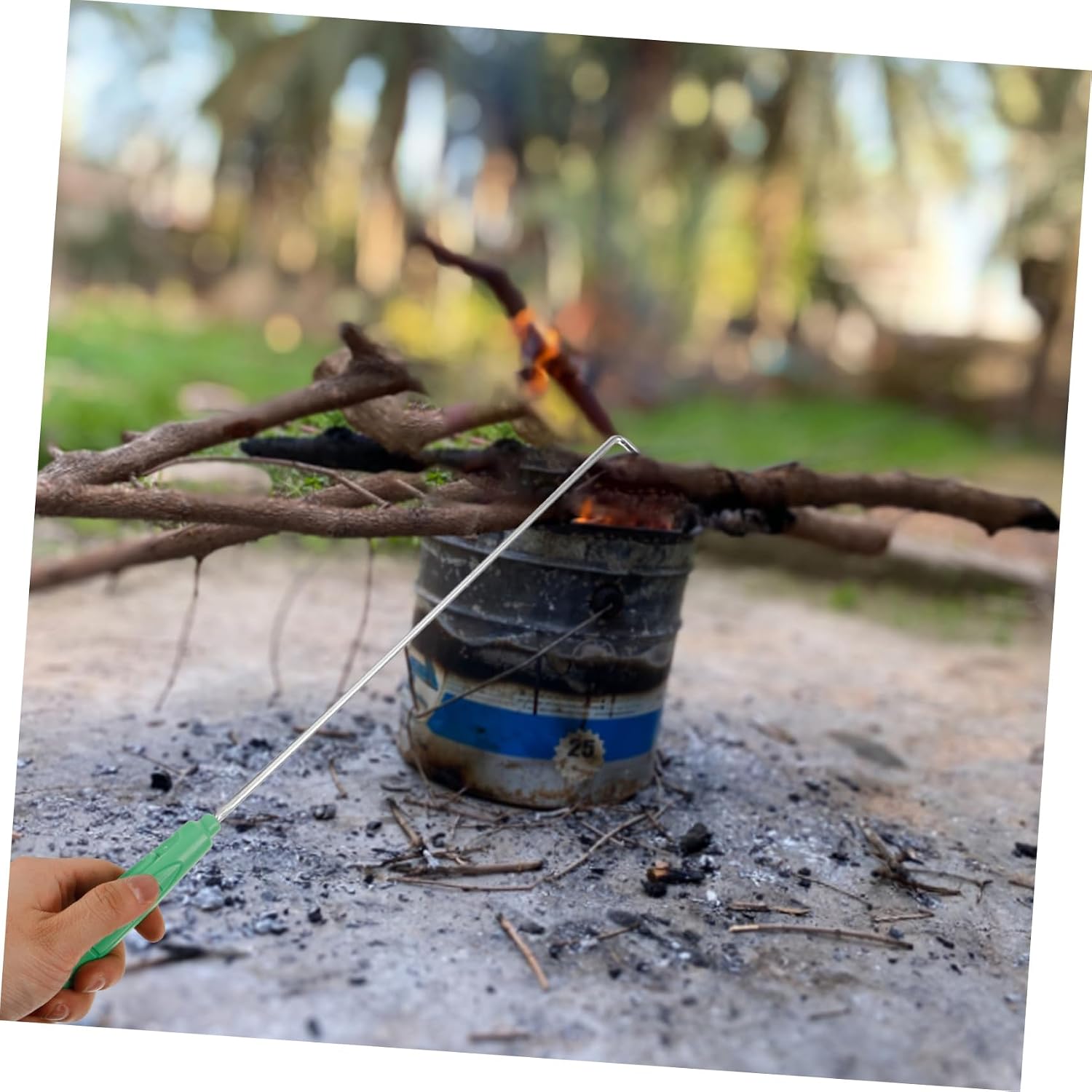 Long Fire Poker with Plastic Handle, Stainless Steel Campfire Tool