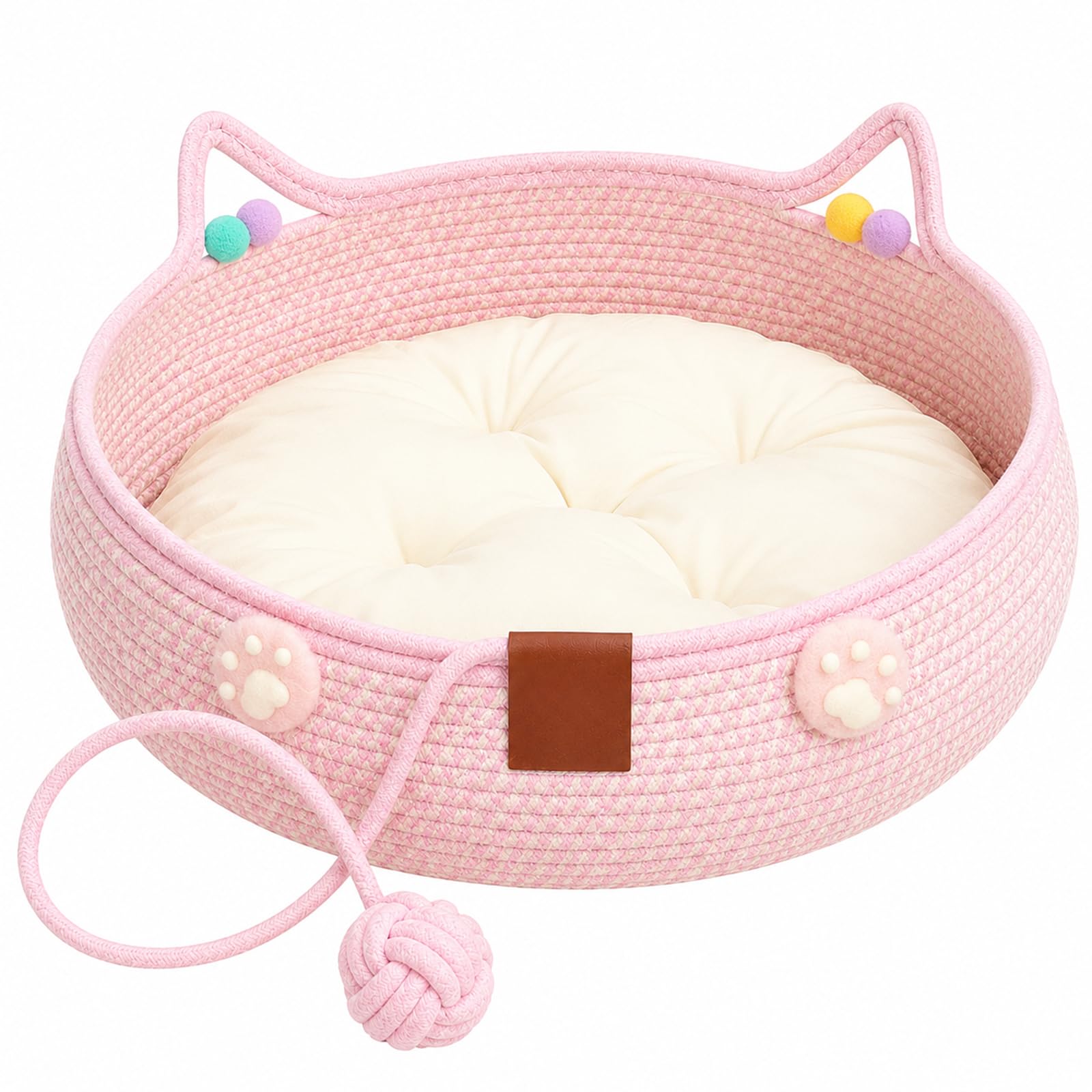 Cotton Rope Cat Bed Basket, Cat Basket, Woven Cat Bed，Pink：M